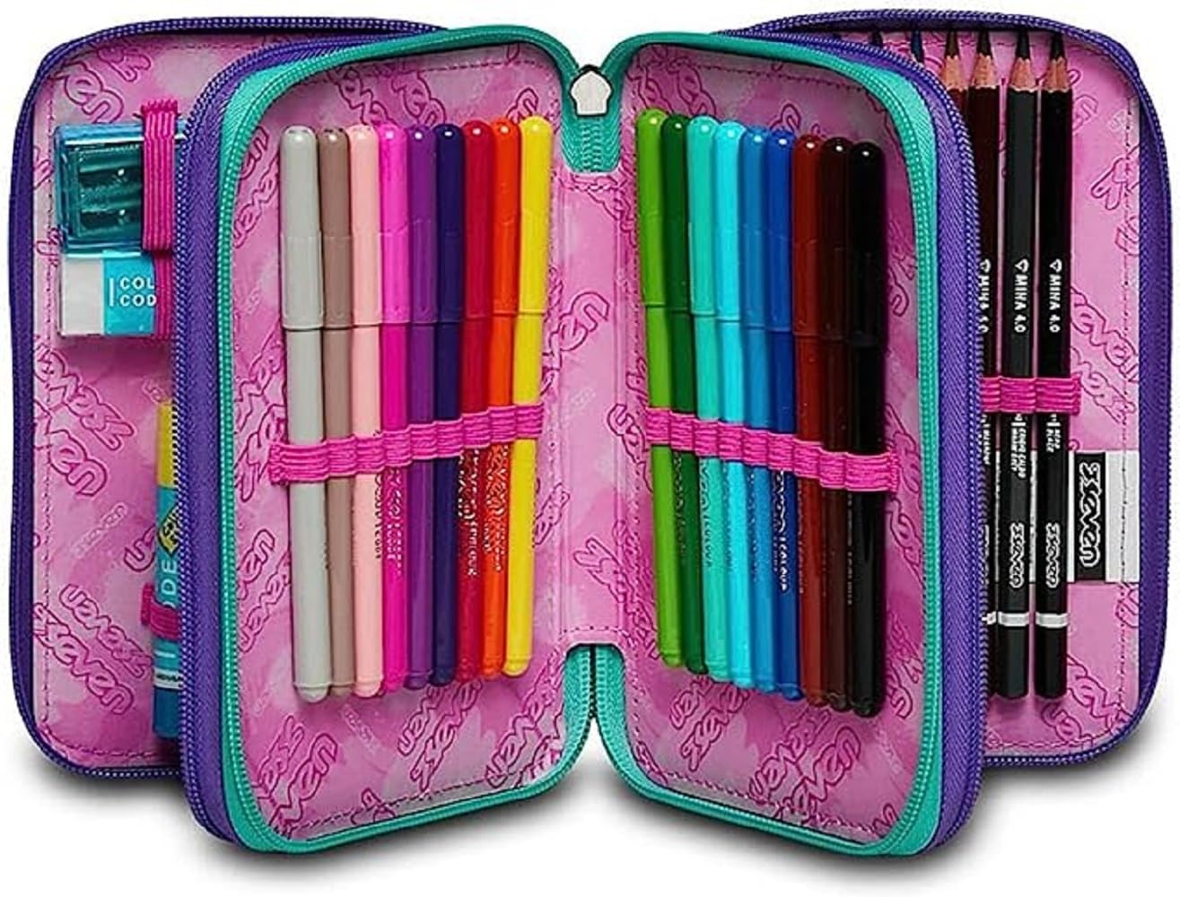 Schoolpack Zaino Scuola Seven Advanced Cuore Viola Ergonomico + Astuccio 3 Zip