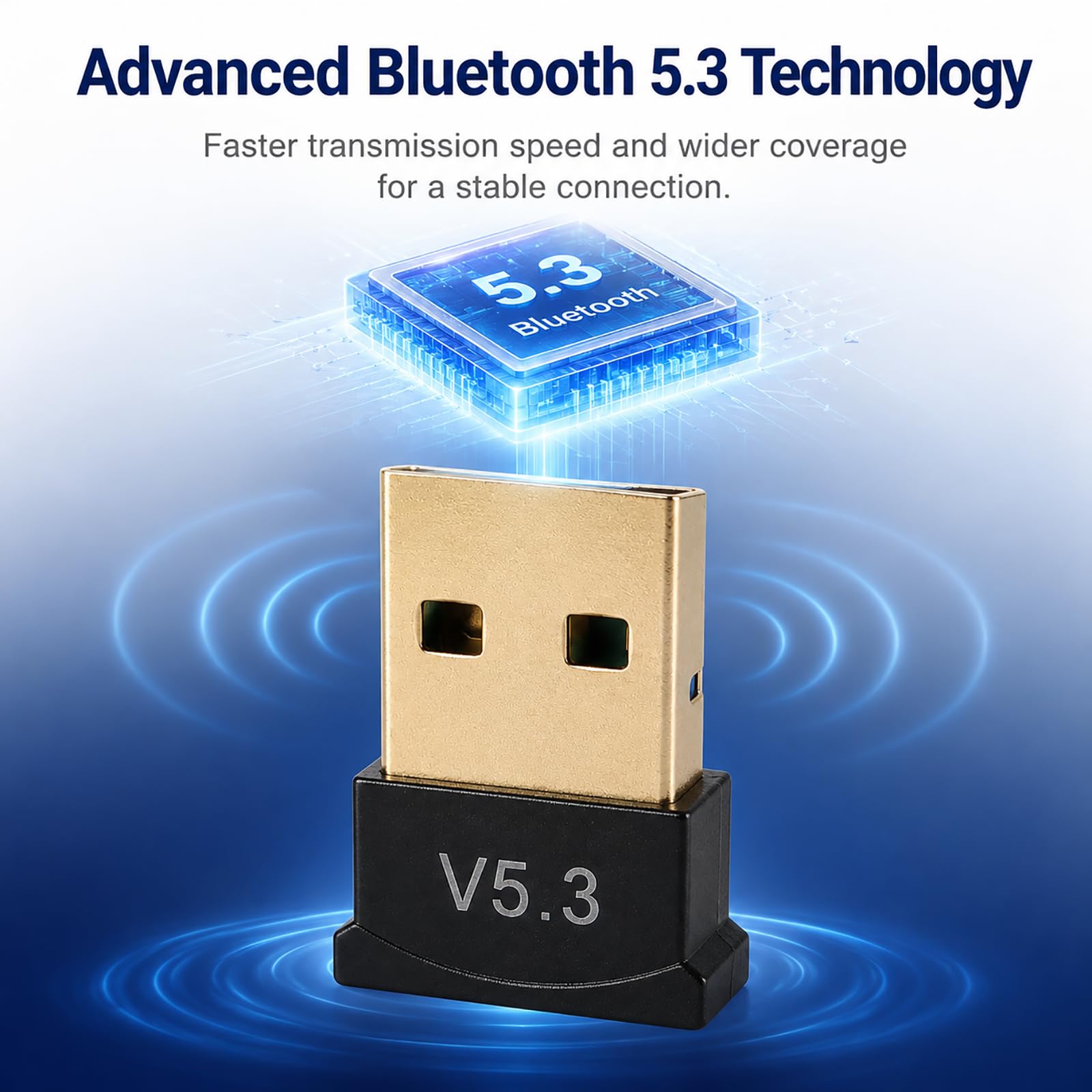 Bluetooth Adapter für PC, USB Bluetooth 5.3, Plug&Play, treiberfrei, Multi-Geräte kompatibel, bis 20m Reichweite, Audio 16 Bit/44,1 kHz, kompakt, tragbar, Windows 11/10/8.1/7, Laptop, Desktop, Headset