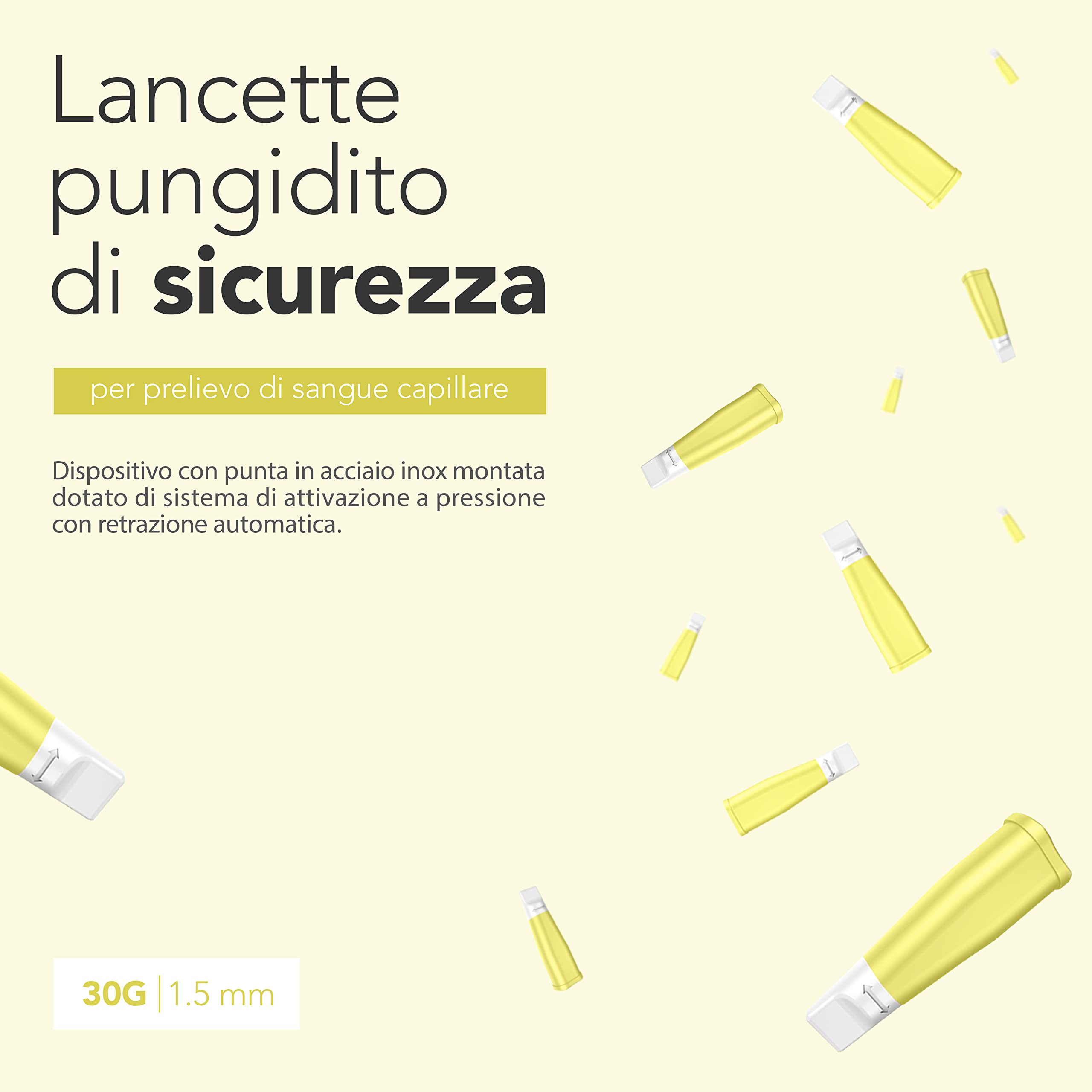 AIESI® Lancette pungidito per glicemia 30G (100 pezzi) sterili con sistema di sicurezza e punta in acciaio inox retrattile SECURLANCE