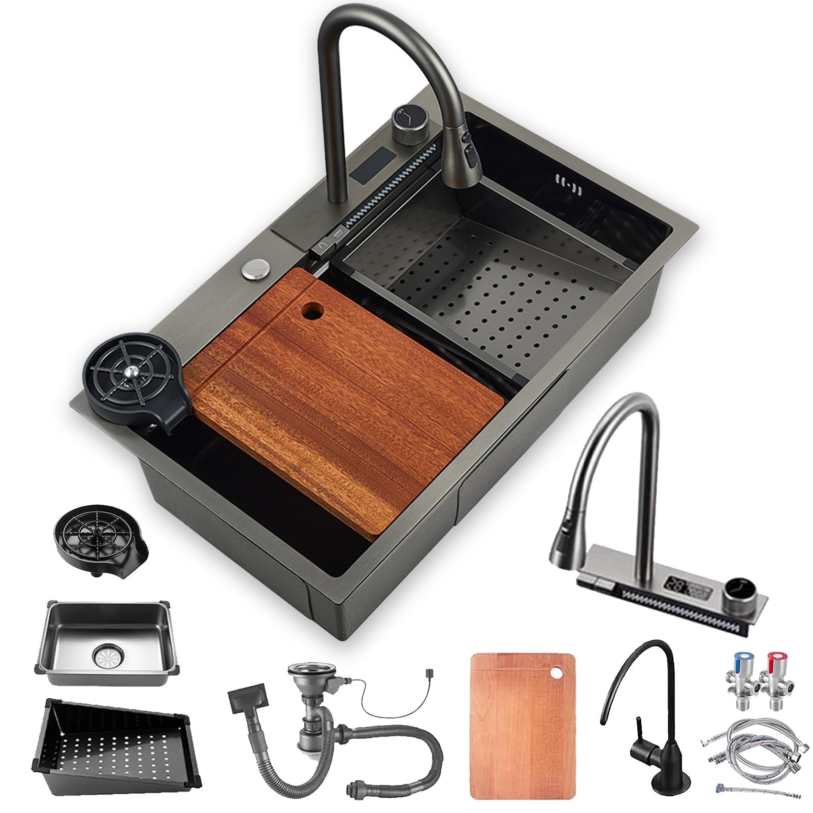 WIQUYBML Waterfall Kitchen Sink, Single Bowl Stainless Steel Drop-in or Undermount Installation, with LED Temperature Display Pull-Out Tap, Chopping Board, Cup Washer (Color : Black, S: 68x46cm
