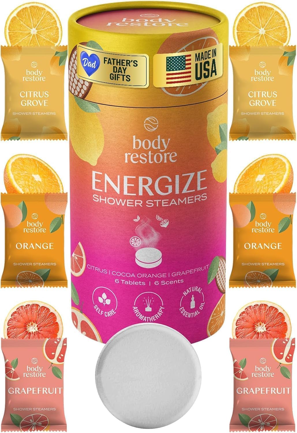 Body Restore Shower Steamers Aromatherapy Confezione da 6 - Regali di Natale per le donne, Regali di Compleanno per la Mamma, Regalo Elefante Bianco, Articoli Essenziali da Viaggio, Cura di Sé-Agrumi