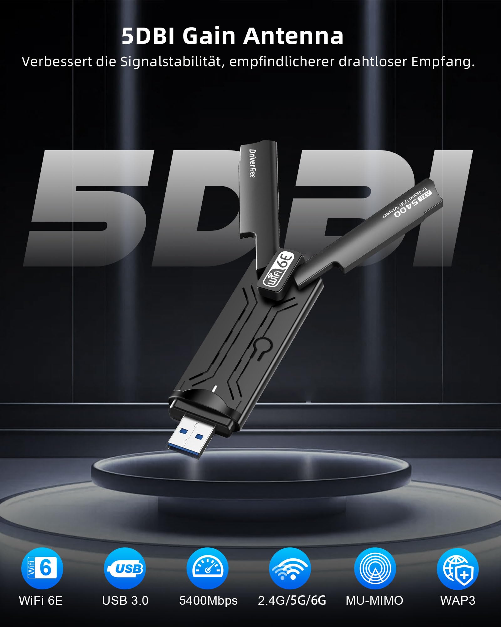 Clé WiFi 6 E Puissante AX5400 Mbps, Clé WiFi pour PC Tri-Bande 6GHz/5 GHz/2,4 GHz, Adaptateur USB WiFi, Dongle WiFi, MU-MIMO/USB3.0/WPA3 pour Windows 10/11