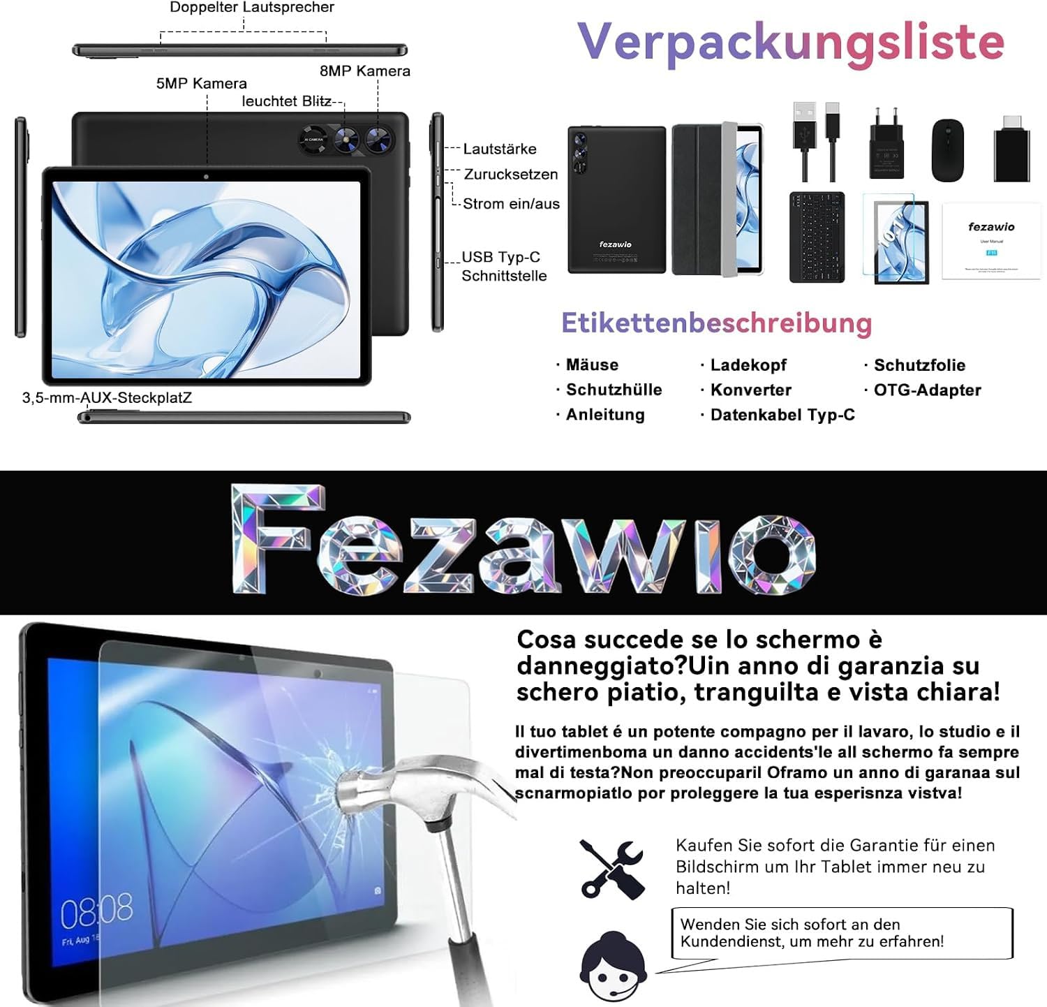 fezawio Android 15 Tablet 10 Zoll Gemini AI, Tablet PC Octa-Core, 30 GB RAM + 64 GB ROM (1TB TF), 3.5mm Audio/GMS/WiFi 6 & BT 5.0 / 6000mAh / GPS/Widevine L1, Maus, Tastatur, Lederhülle,schwarz