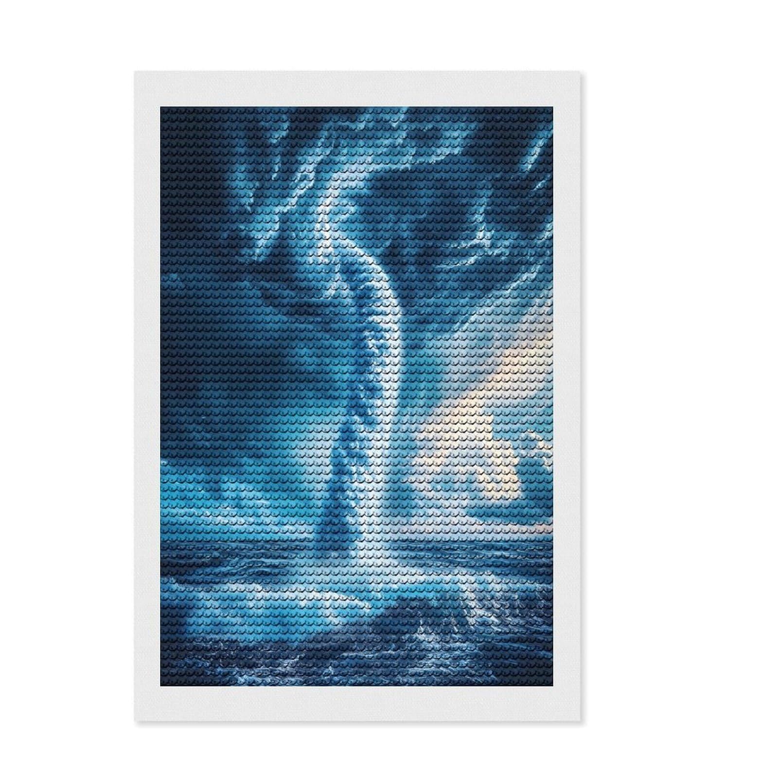 Junmoney Water Spout Over Ocean DIY Diamond Art Canvas Kit 8"x12", Adhesive Canvas, Sparkling Round Gems, Bedroom Decor, for Beginners