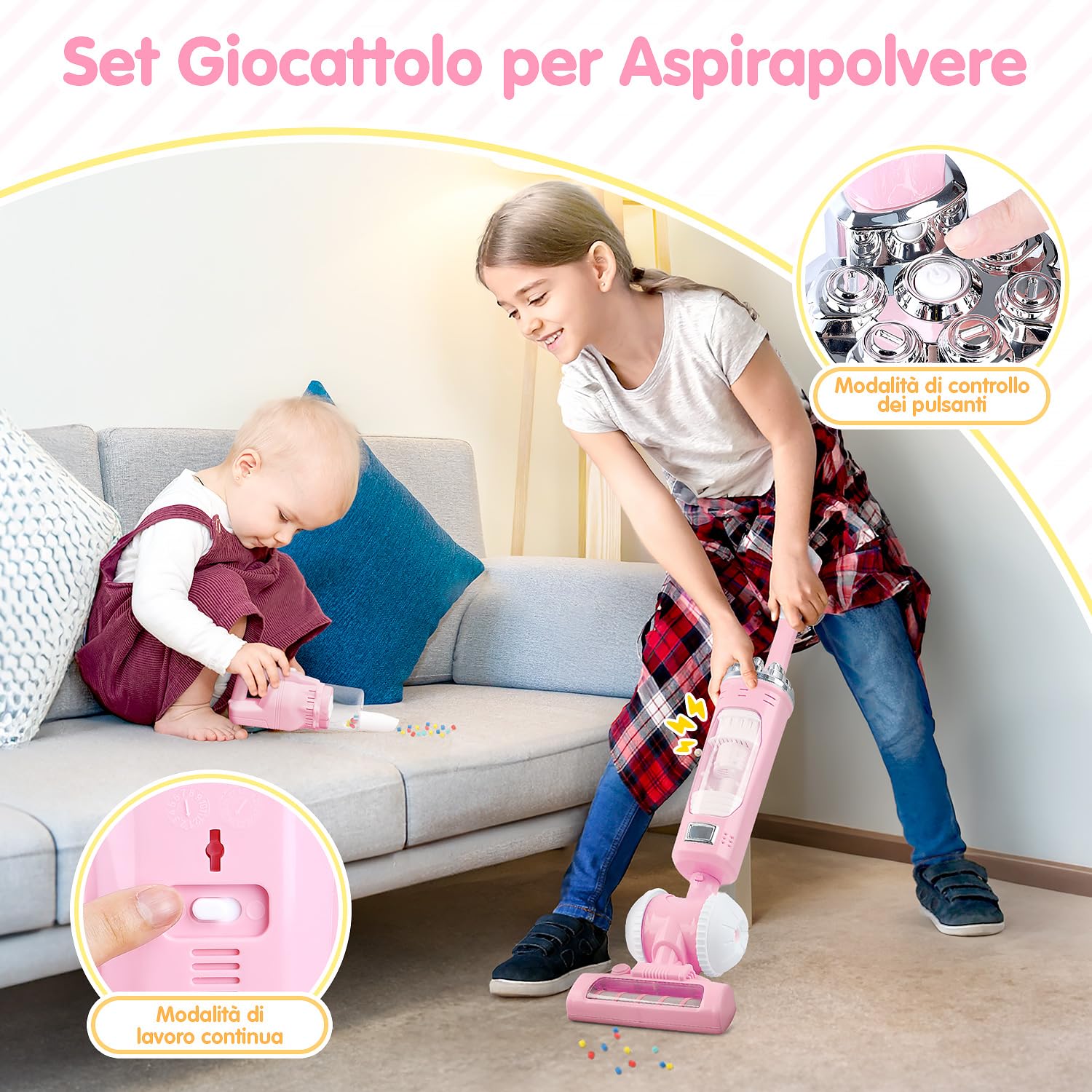 PLAY 2 in 1 Aspirapolvere Giocattolo Bambini, Aspirapolvere Funzionante con Particelle EVA, Effetto di Aspirazione e Suono Realistico, Set Pulizia Giocattolo per Bambini 3+ Anni (Rosa)