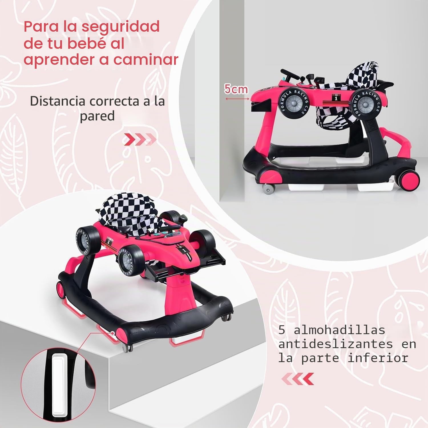 FANTASK Andador 4 en 1, plegable con altura y velocidad ajustables, con caja de música, luz y ruedas (rosa)