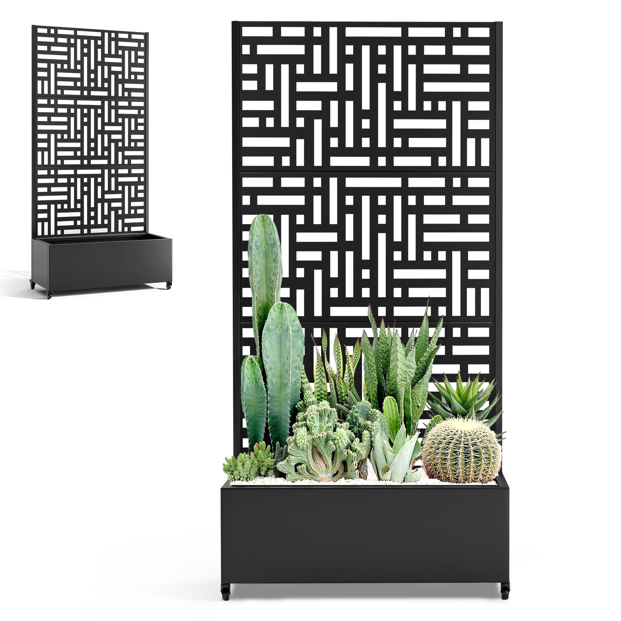 metal raised garden bed with trellis privacy screen for outdoor plants, planter box with wheels for patio, 35"l×16"w×71"h privacy planters for climbing vegetables, flowers, fruits (black street)