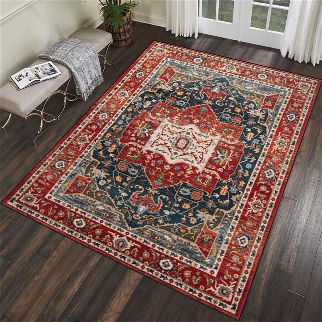 Tapis grande taille salon rouge 50x80cm au motif floral rétro pour bureau et chambre à coucher