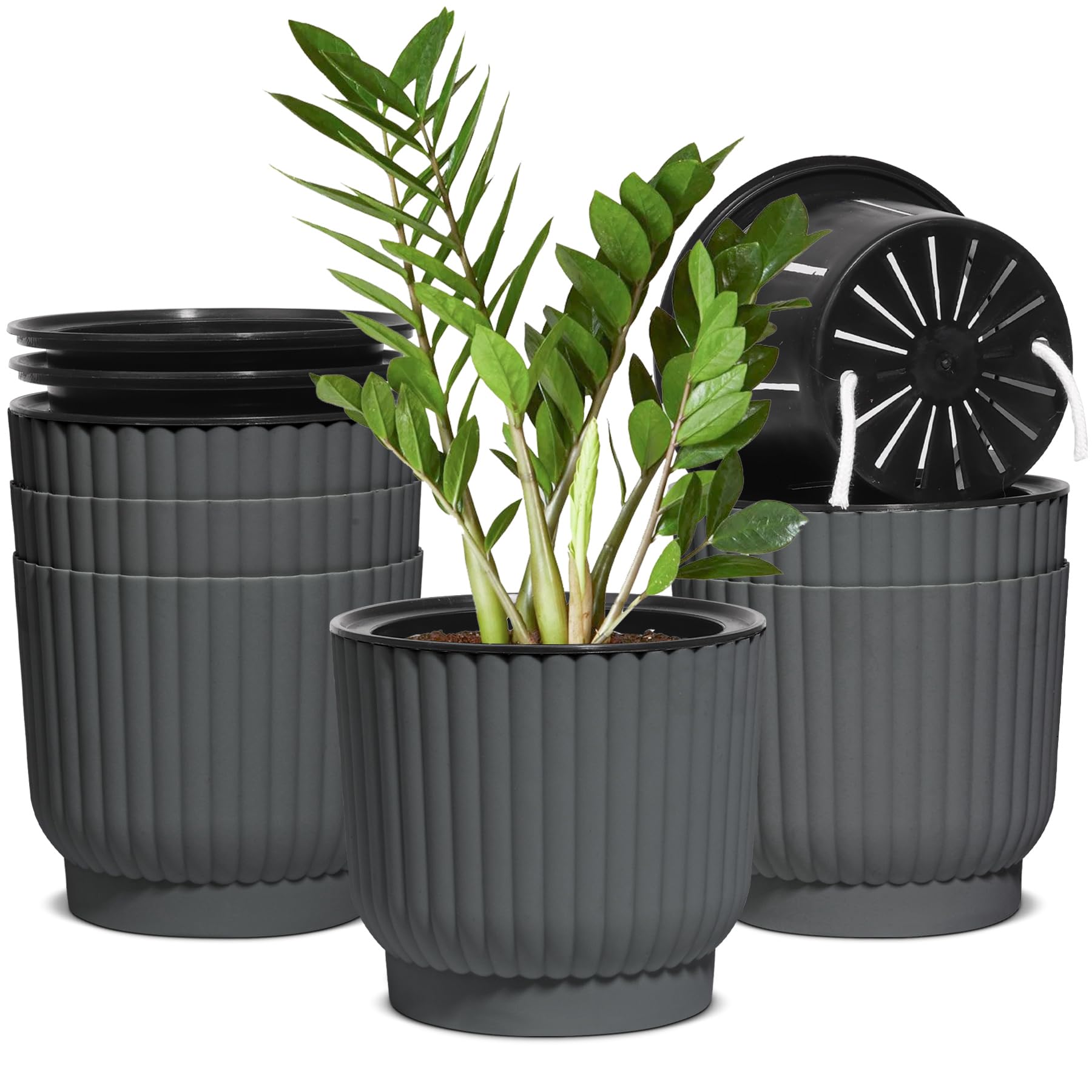 T4U 6 Inch Self Watering Pots for Indoor Plants, 6 Pack Plant Pots, Self Watering Planter for Indoor Plants, Durable Plastic Pots, Flower, Succulents (6 Pack, 6", Gray)