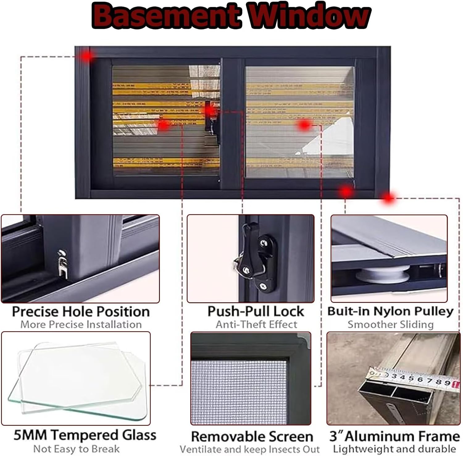 Aluminum Alloy Sliding Basement Window Replacement, 25x20in Black, Perfect for Bathroom, Shed, Chicken Coop, RV - Durable & Stylish Design