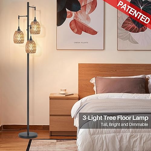 Miniatura 8 de Lámpara de pie con 3 bombillas LED de edición, lámpara de pie alta de granja para sala de estar, regulable industrial rústico gris, árbol brillante,