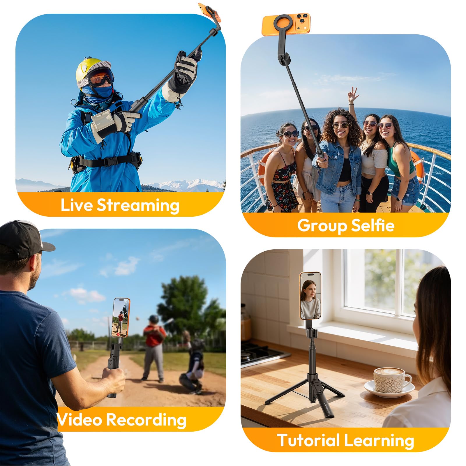 ULANZI SK26 Treppiede magnetico 113 cm per selfie stick magnete 15 N, Magpod iphone, Apertura con un clic, Mini tripod estraibile, inclinabile a 200°, telecomando 10 m, Compatibile con iPhone 17-12