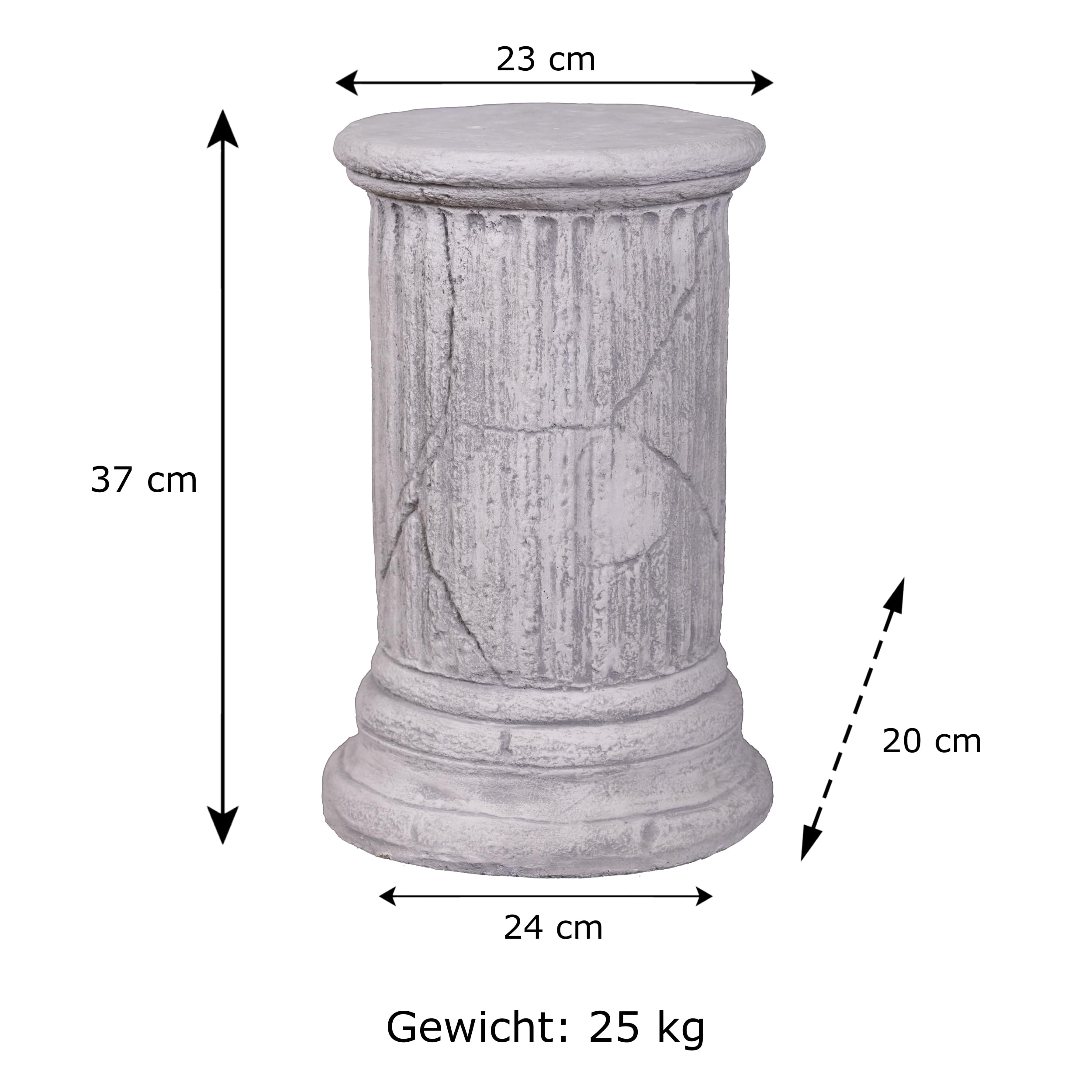 gartendekoparadies.de Antikes Rundes Säulenpodest mit Kanneluren, 36 cm Höhe, 25 kg, Grau, Steinguss, frostsicher für Außenbereich