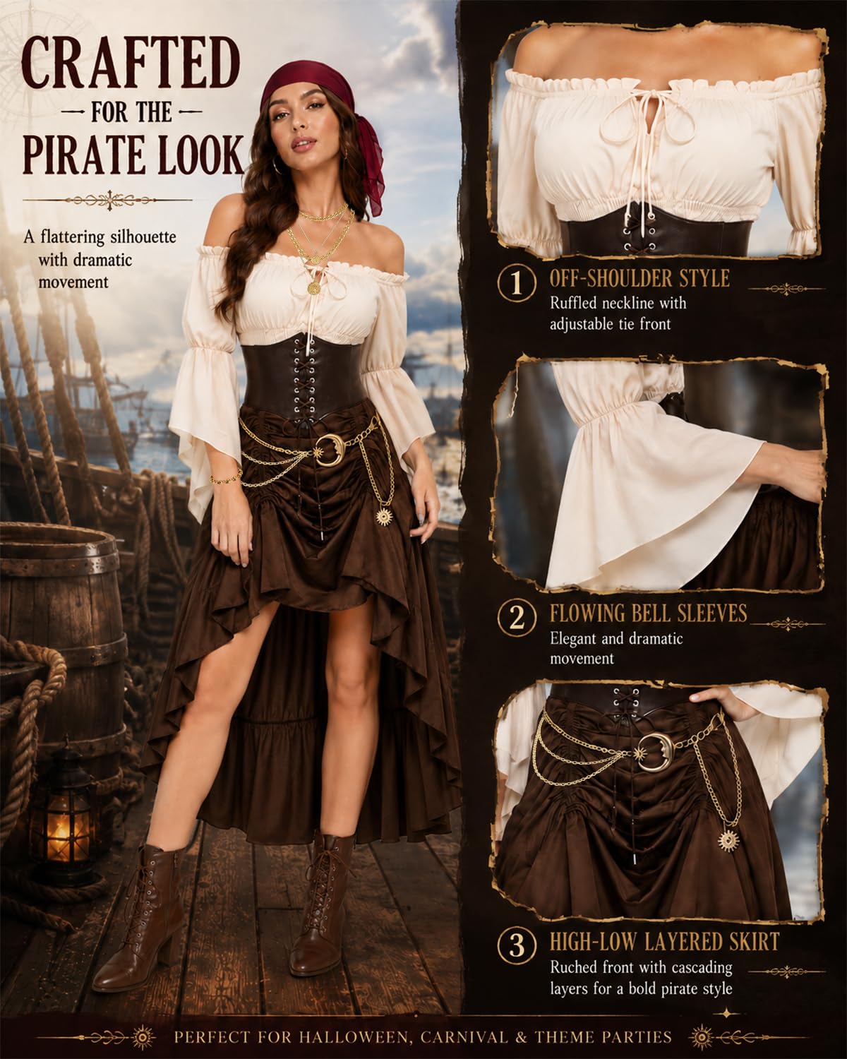 Disfraz Pirata Mujer, Disfraz Medieval con Camisa, Cinturón y Accesorios