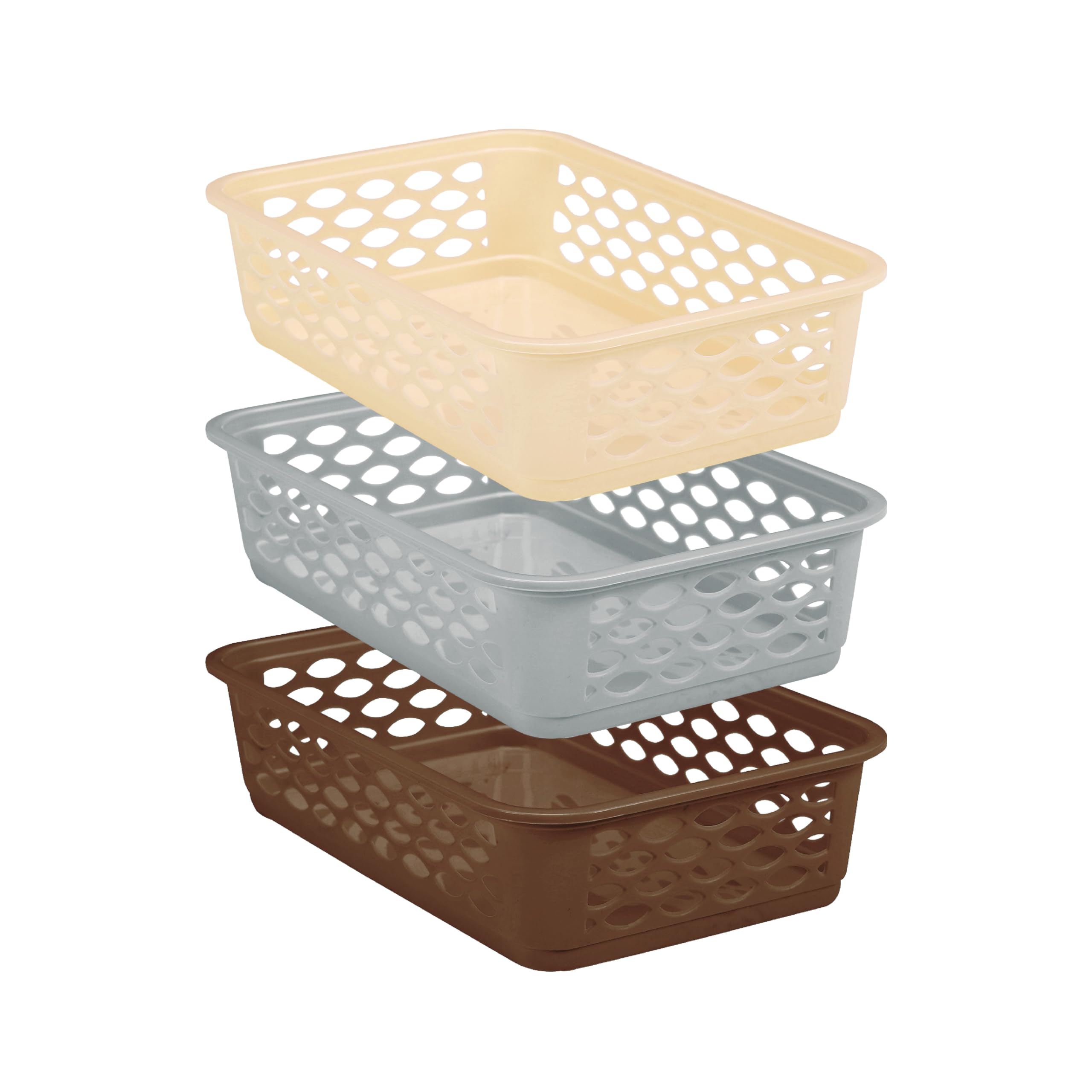 Diana Tray Rectangular-Medium (Pack of 3) Plastic Storage for Desk Basket/Organizers for Stationery, Jewellery, Tools,Kitchen, Office-Lt Brown, Daiso Grey, Twist Beige