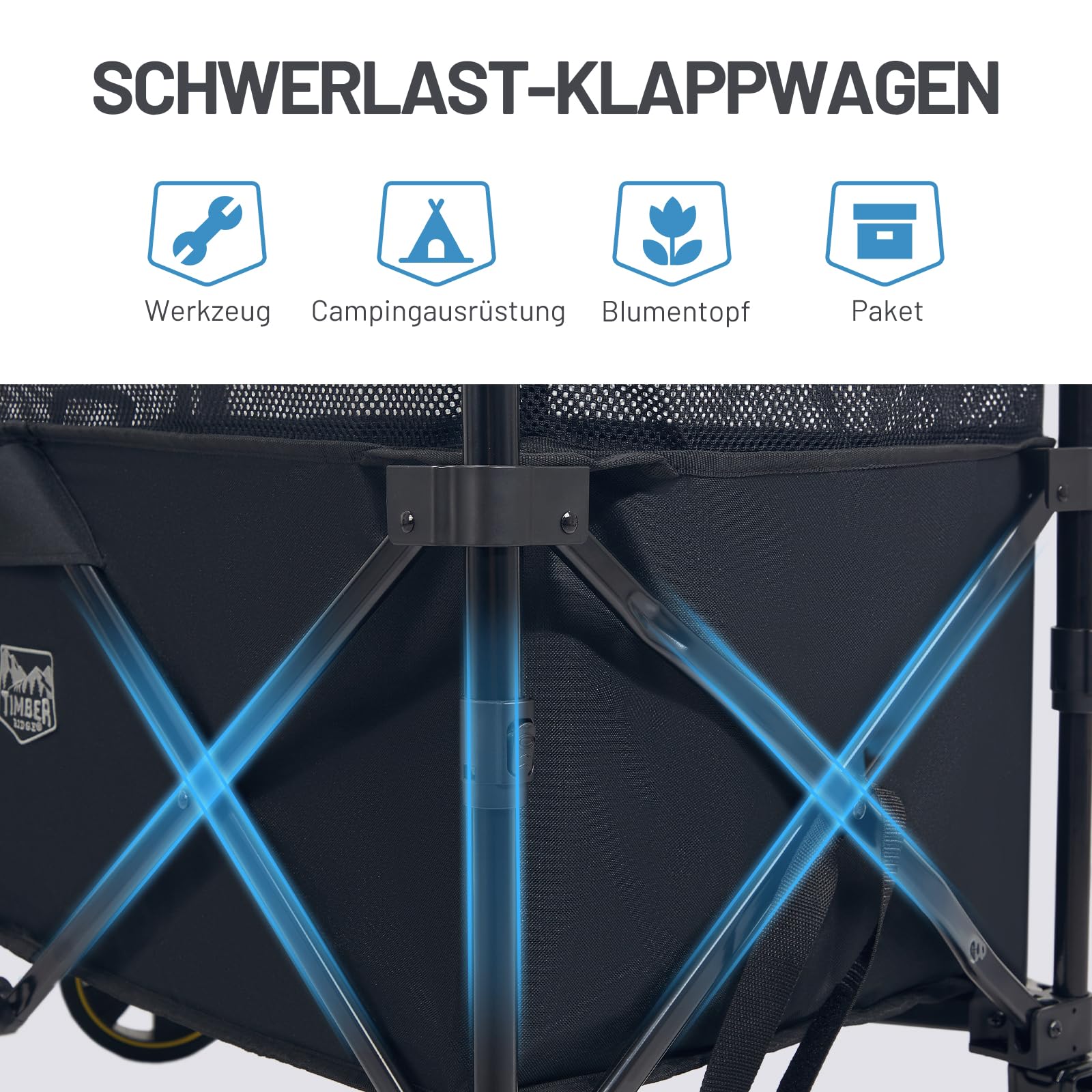 TIMBER RIDGE XXXL Bollerwagen Faltbar 225L mit Bremse | Transportwagen Klappbar Große Kapazität Verstellbarer Griff Seitentasche Getränkehalter Gartenwagen Handwagen Alle Gelände