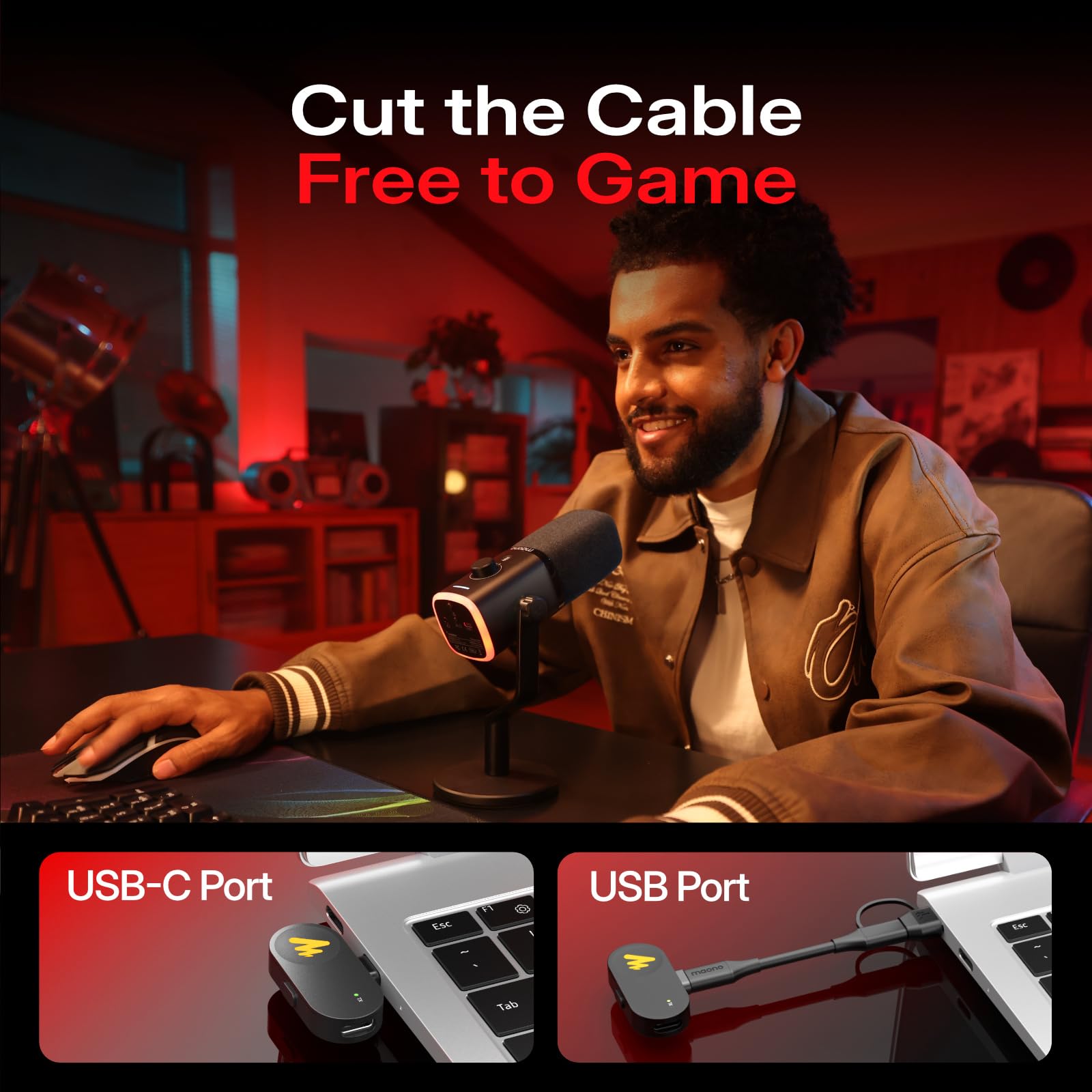 MAONO Kabelloses dynamisches Mikrofon mit USB-C, kabelloser und kabelgebundener Dualmodus, 7-lagige Rauschunterdrückung, PC-Tischmikrofon mit RGB, für Gaming/Streaming/Meetings, PD100W Schwarz