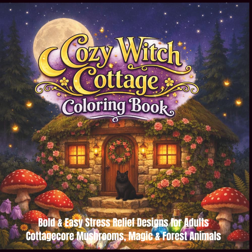 Cozy Witch Cottage Coloring Book: 50 Bold & Easy Cottagecore Illustrations for Adults and Beginners