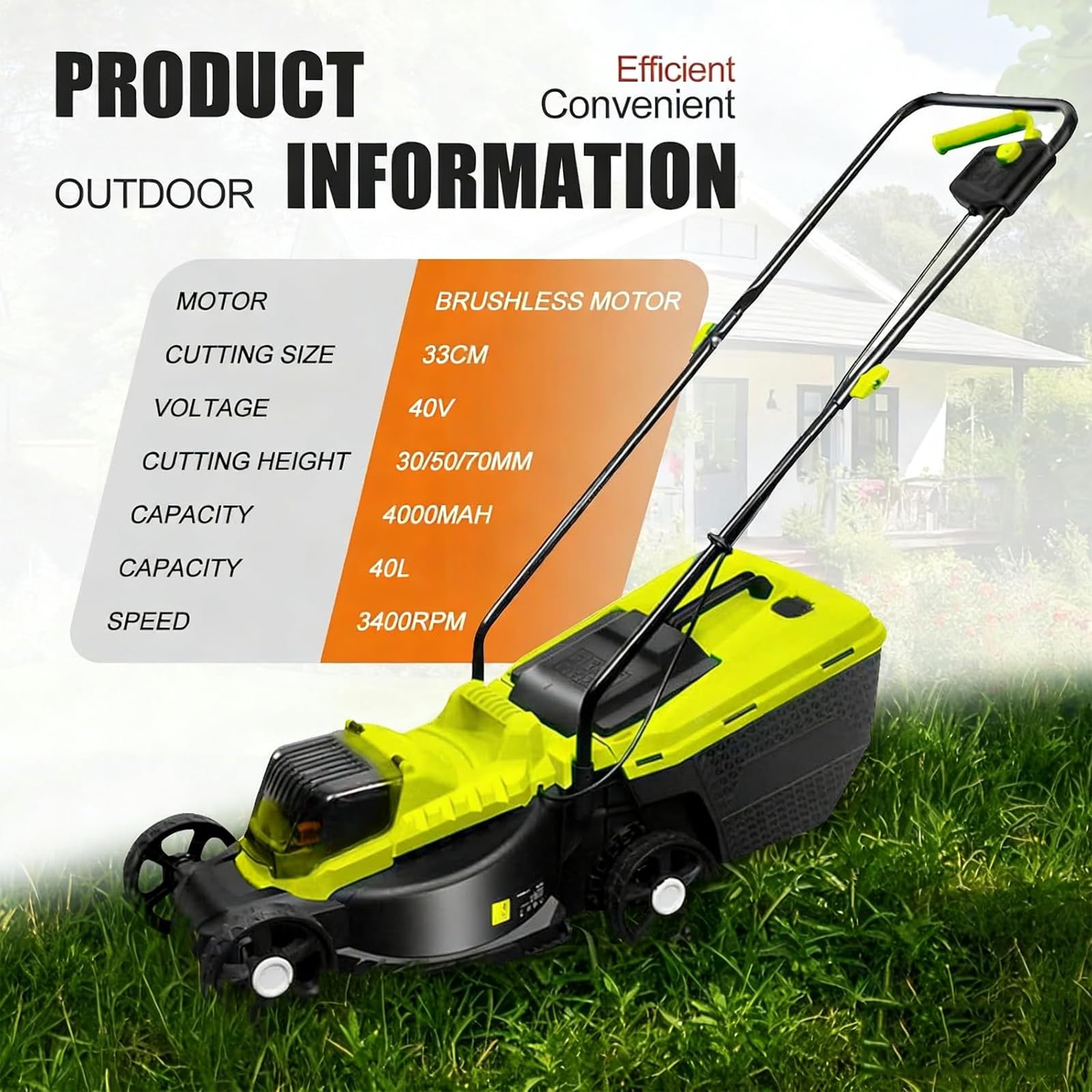 Cordless Electric Lawn Mower, 3400RPM, 1600W Power, 3-Position Cutting Height Adjustment, 33cm Cutting Width for Garden and Park Use