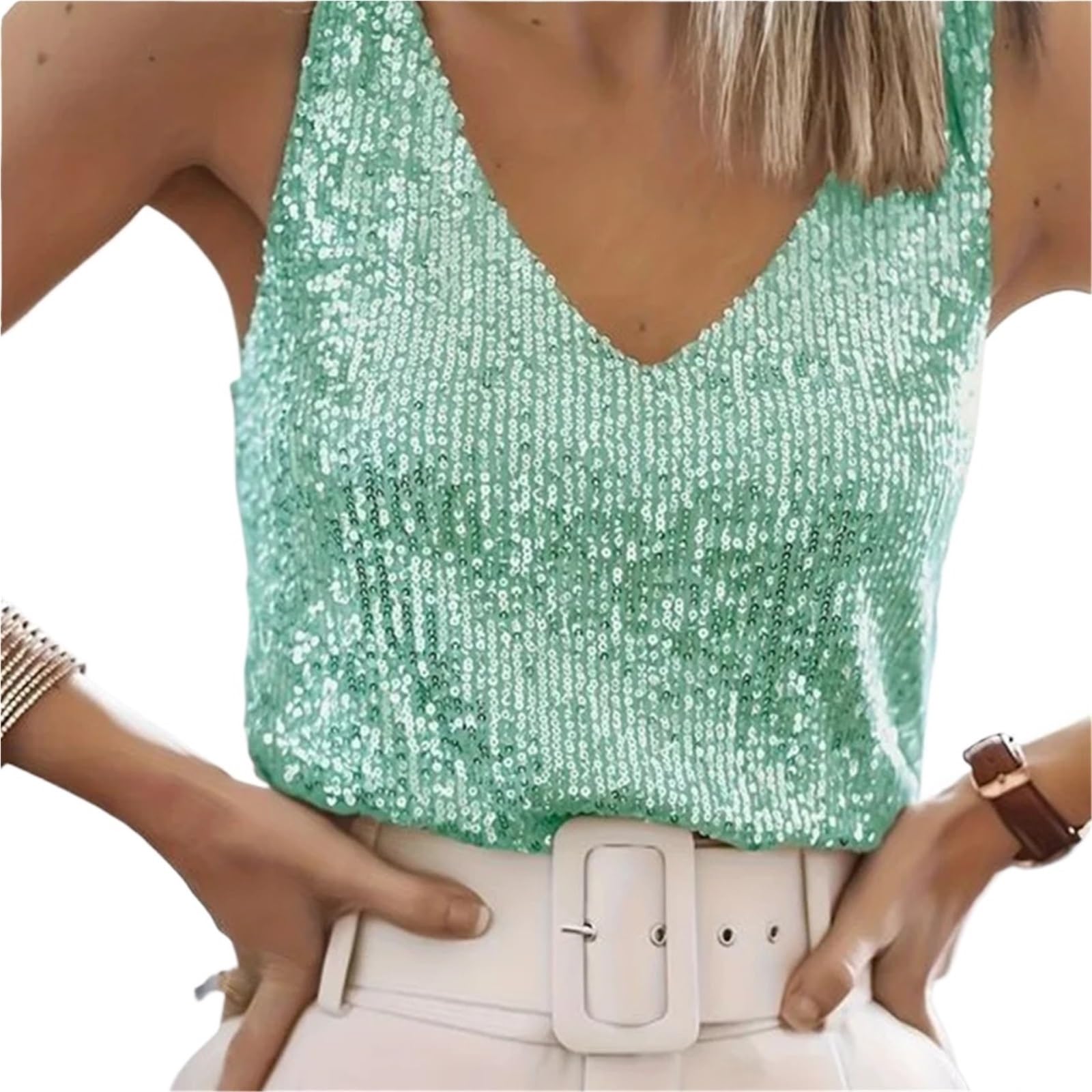Top con Paillettes Gilet Sexy con Scollo a V e Paillettes, da Donna, Estivo, Leggero e maturo