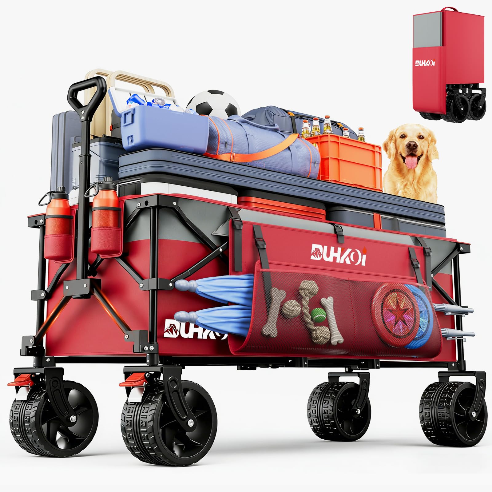 49" L Collapsible Extended Wagon with 500lbs Weight Capacity,300L Heavy Duty Sports Wagon,Big All-Terrian Wheels with Cup Holders,Cart for Sports,