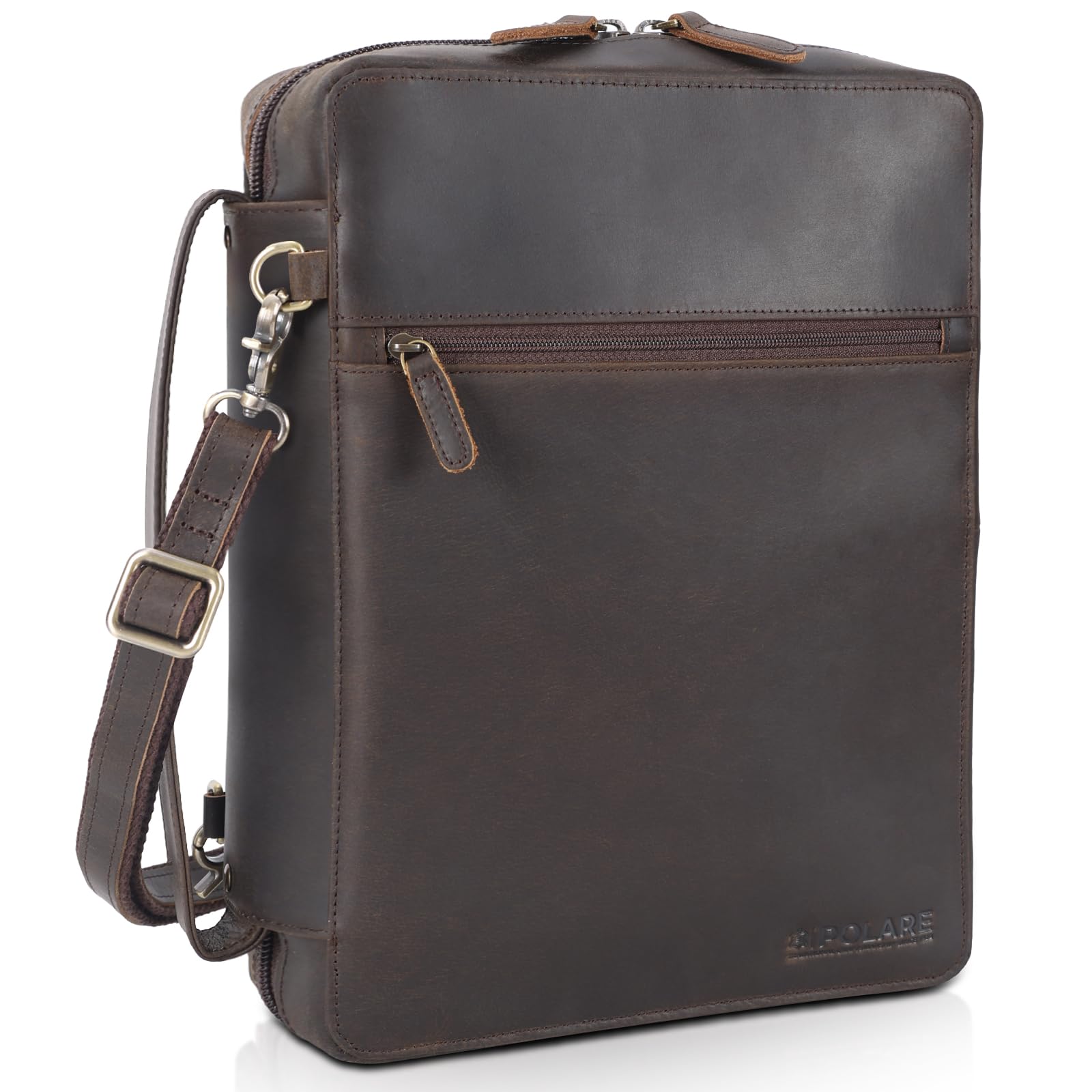 Polare Full Grain Cowhide Leather Bible Cover Church Bag Bible Protective Book Holder Carrying Case Folder Organizer Portfolio (Dark Brown with