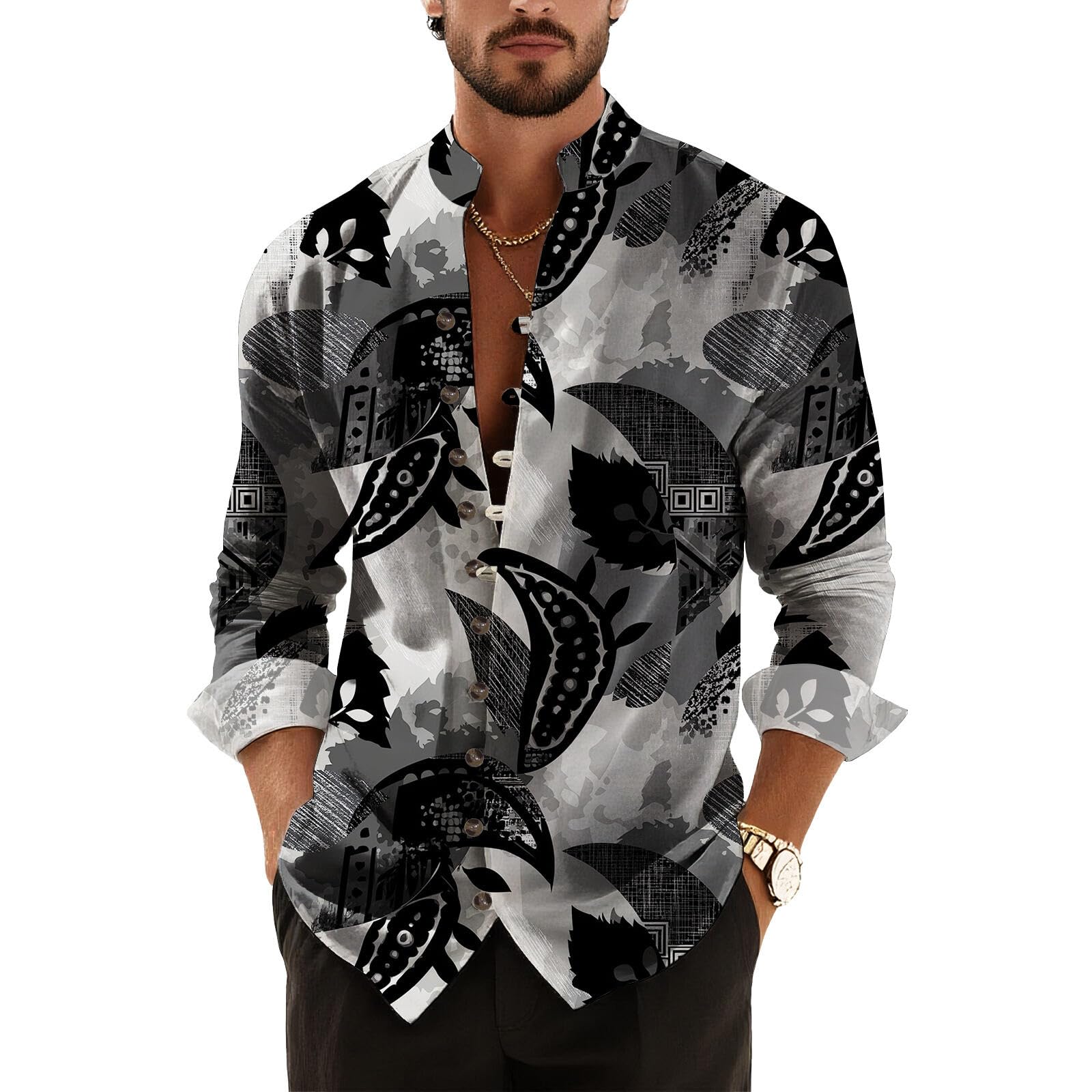 Mens Mandarin Collar Shirt Long Sleeve Button Down Abstract Plant Print Lightweight Breathable Casual Comfy Top