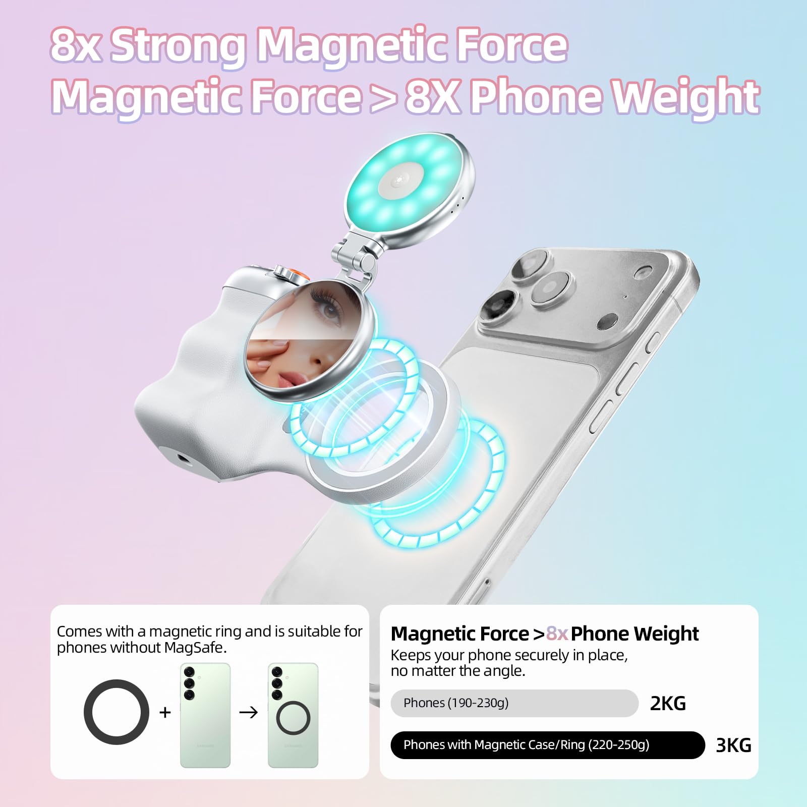 Fun Shot Empuñadura Magnética para Smartphone con Luz de Relleno Magnética RGB,Control Remoto Bluetooth de 10 Metros con Carga USB-C Desmontable,1/4 Rosca,Compatible con iPhone y Android