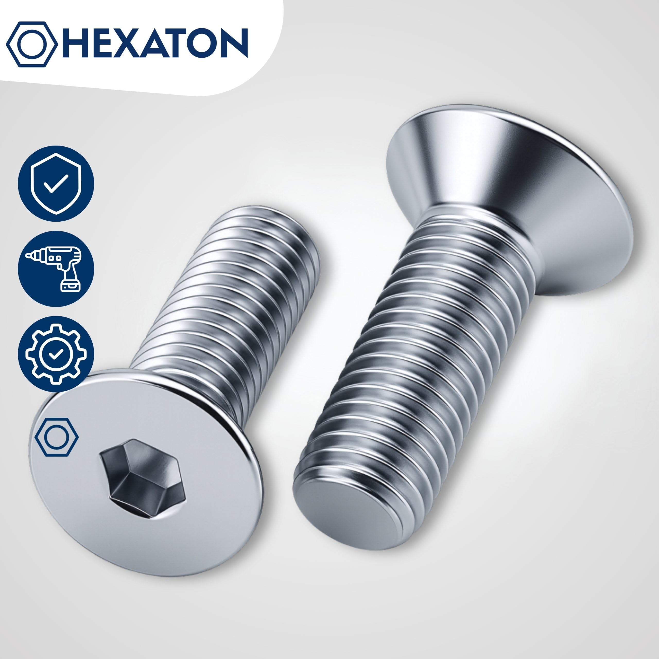HEXATON Tornillos Avellanados - M6 x 18 mm - 100 Piezas - Cabeza Plana y Hexágono Interior - Rosca Métrica Completa - Acero Galvanizado