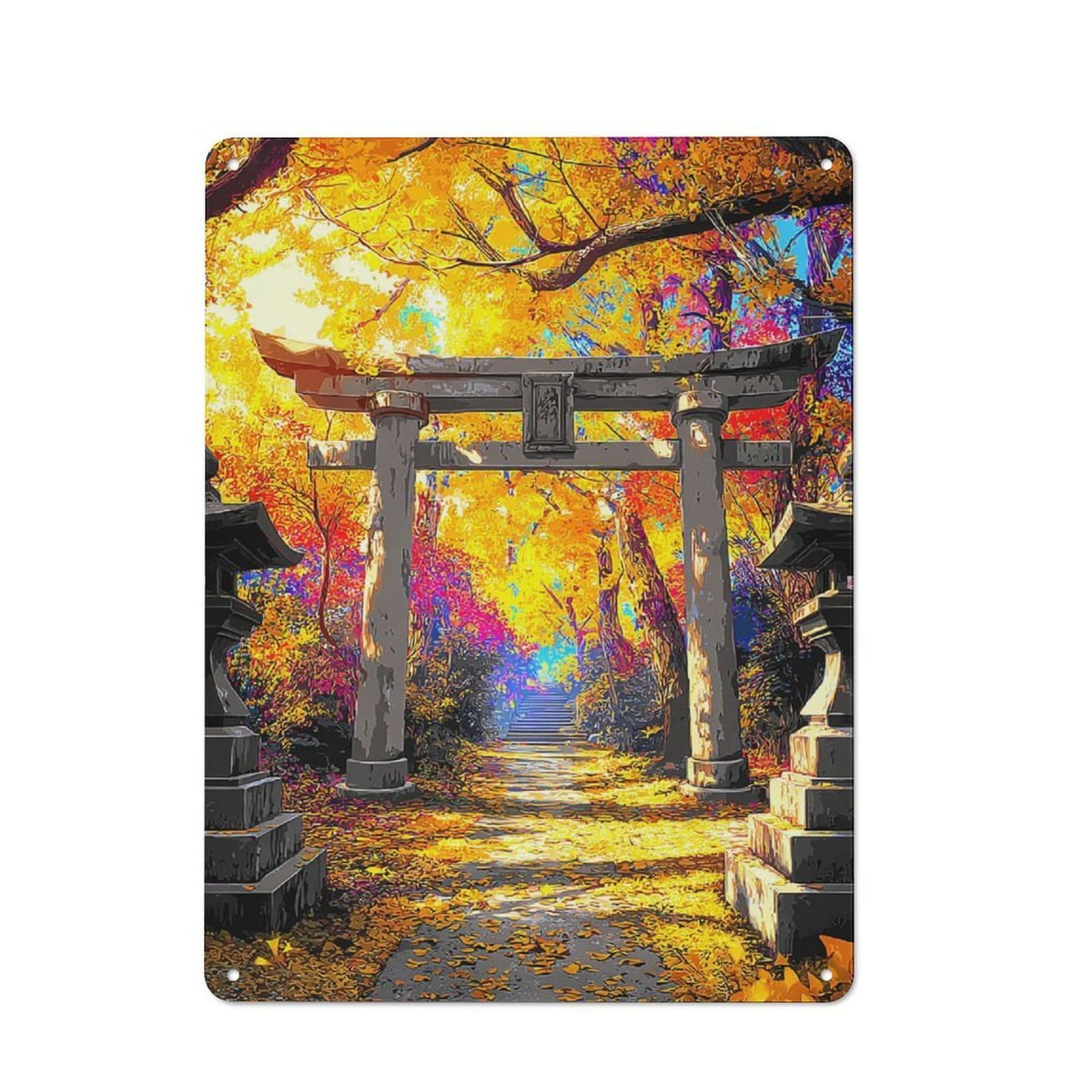 Junmoney Colorful Japanese Torii Gate In Autumn Character Decorative Tin Plaque 40X30cm Featuring Small Space Decor For Bedroom, Kitchen, Office Or Living Room