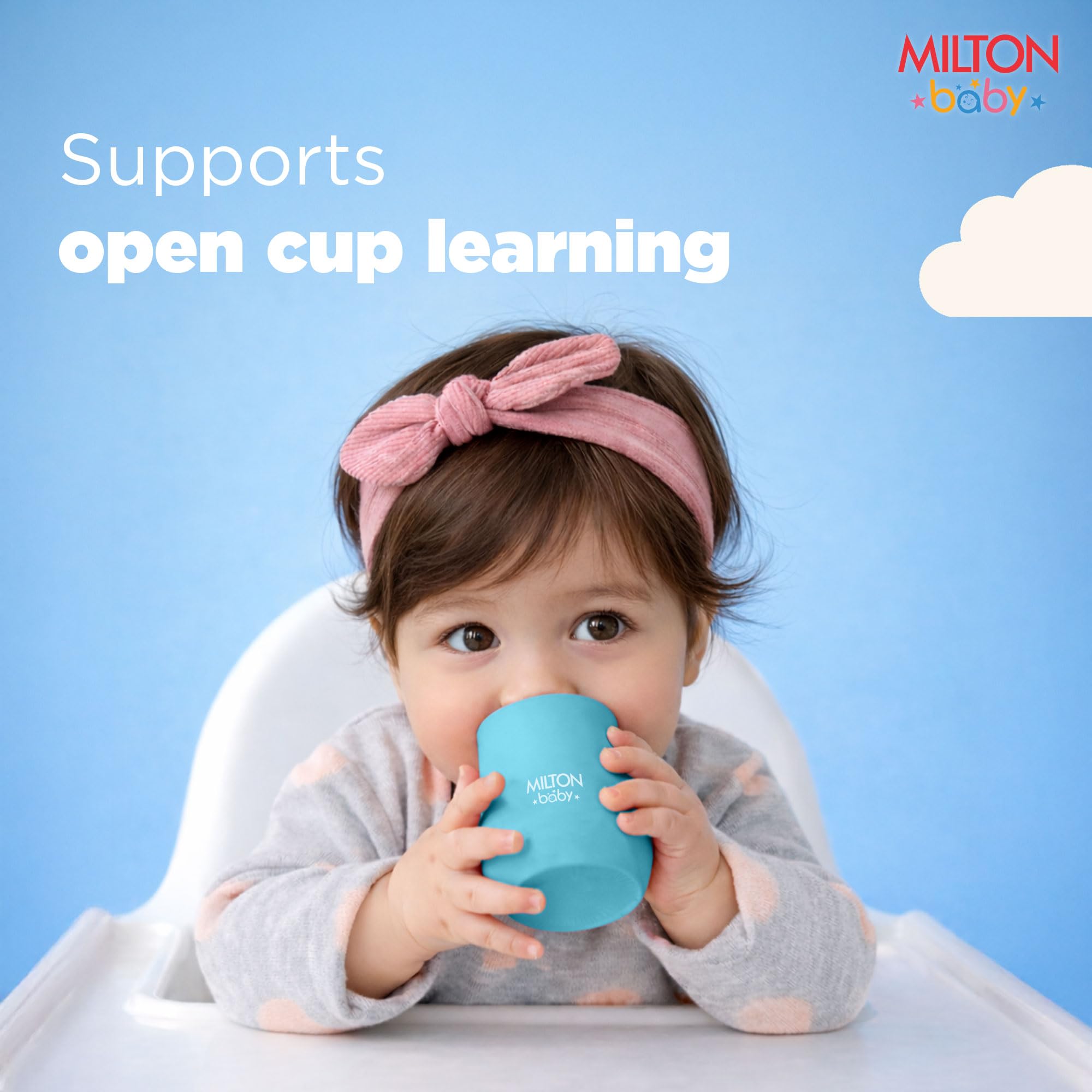 MILTON baby Silicone Tumbler with Spoon I Baby & Toddler Training Cup & Spoon I BPA Free- 100% Food Grade I Weighted Base to Prevent Tip-Overs I Anti Slip Bottom I Gentle on Tender Gums I Light Blue