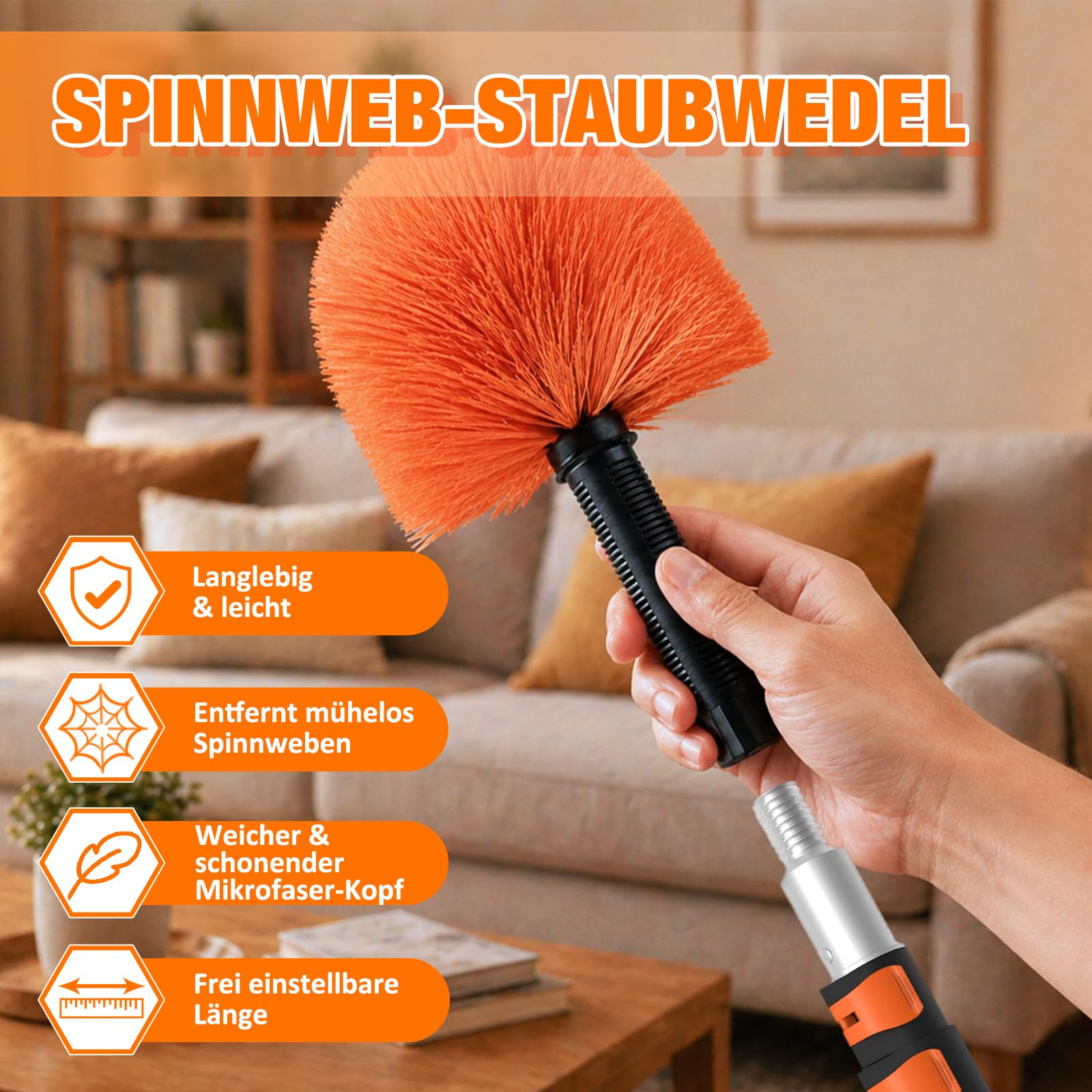 LAANPOLE 6m Staubwedel Teleskop Waschbar, Spinnenwebenentferner zum Reinigen, Spinnwebenbesen mit Teleskopstiel für Decken, Ecken, Spinnweben, für den Außen- und Innenbereich Geeignet