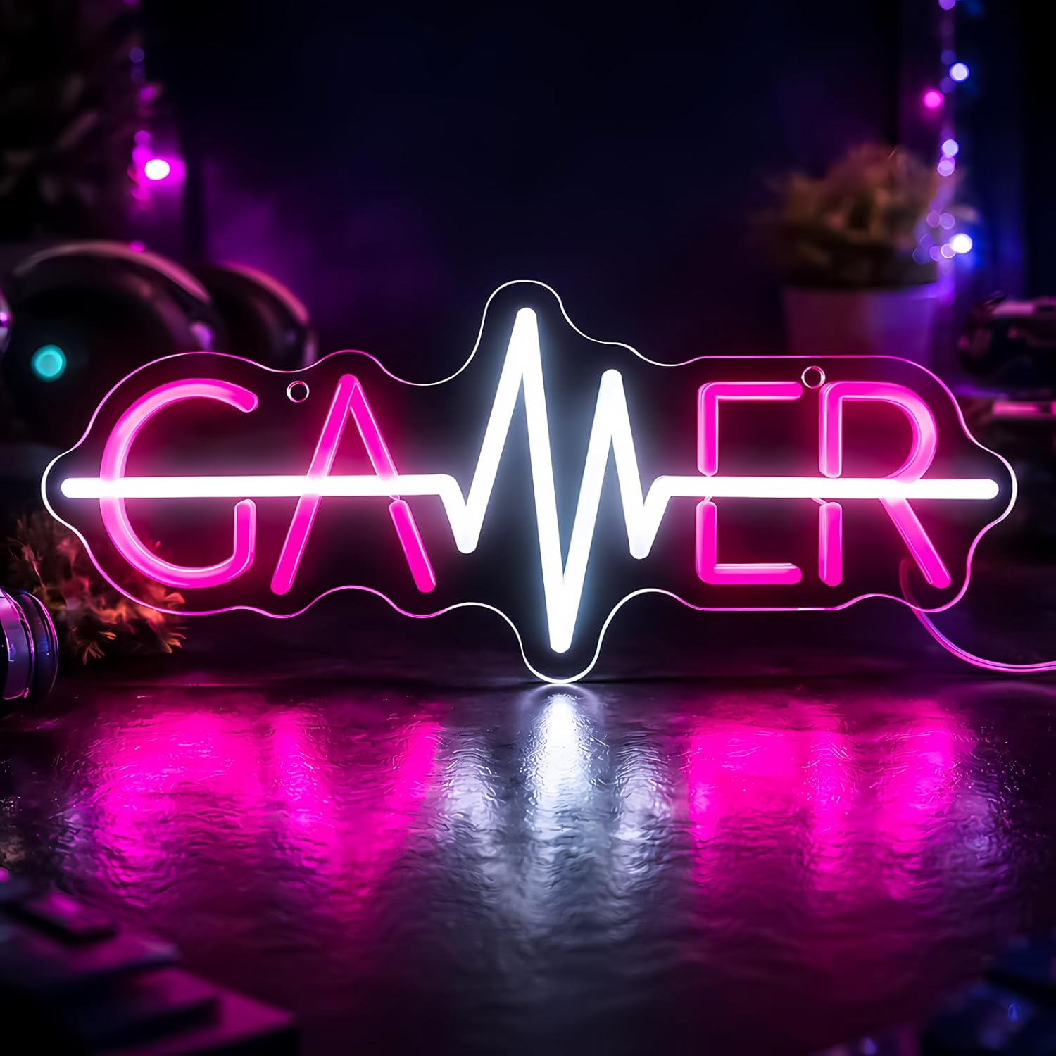 Gamer Neon Sign for Wall Decor, LED Heartbeat Line Light, USB Powered Dimmable Accent for Game Room, Bedroom, Gaming Setup, Gamer Gift (pink)