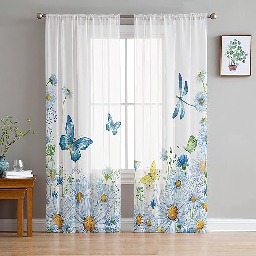 Cortinas semitraslúcidas con diseño de margaritas y mariposas de 72 pulgadas de largo para sala de estar, cortinas con bolsillo para barra, cortinas Cortinas semitraslúcidas con diseño de margaritas y mariposas de 72 pulgadas de largo para sala de estar, cortinas con bolsillo para barra, cortinas