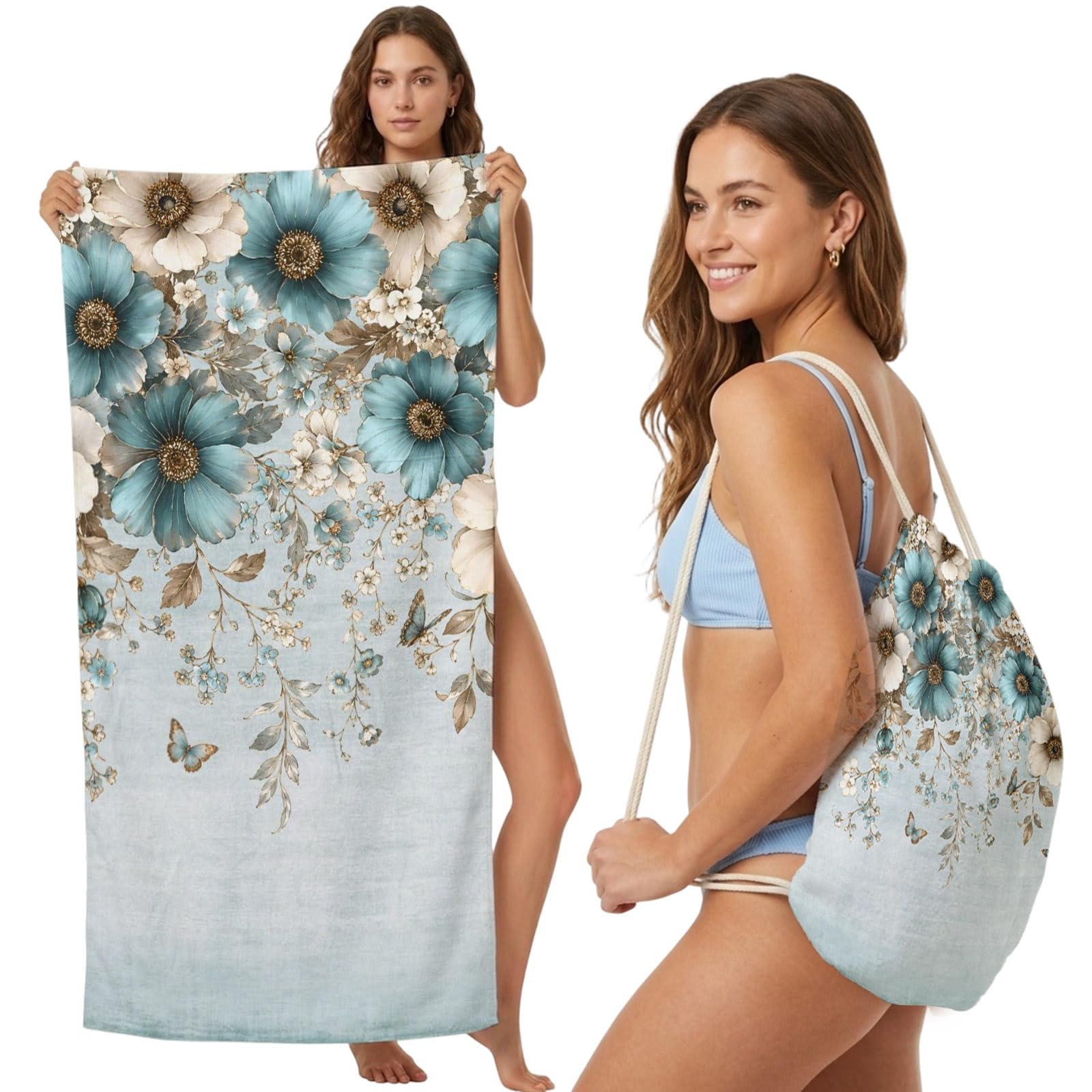 FWJZDSP Beach Towel Bag 2 in 1 Teal Blue White Blossoms Bath Pool Towels Backpack Floral Vines Petals Butterfly Absorbent Beach Towel Soft Quick Dry Packable Towels Drawstring Bag for Travel Sports