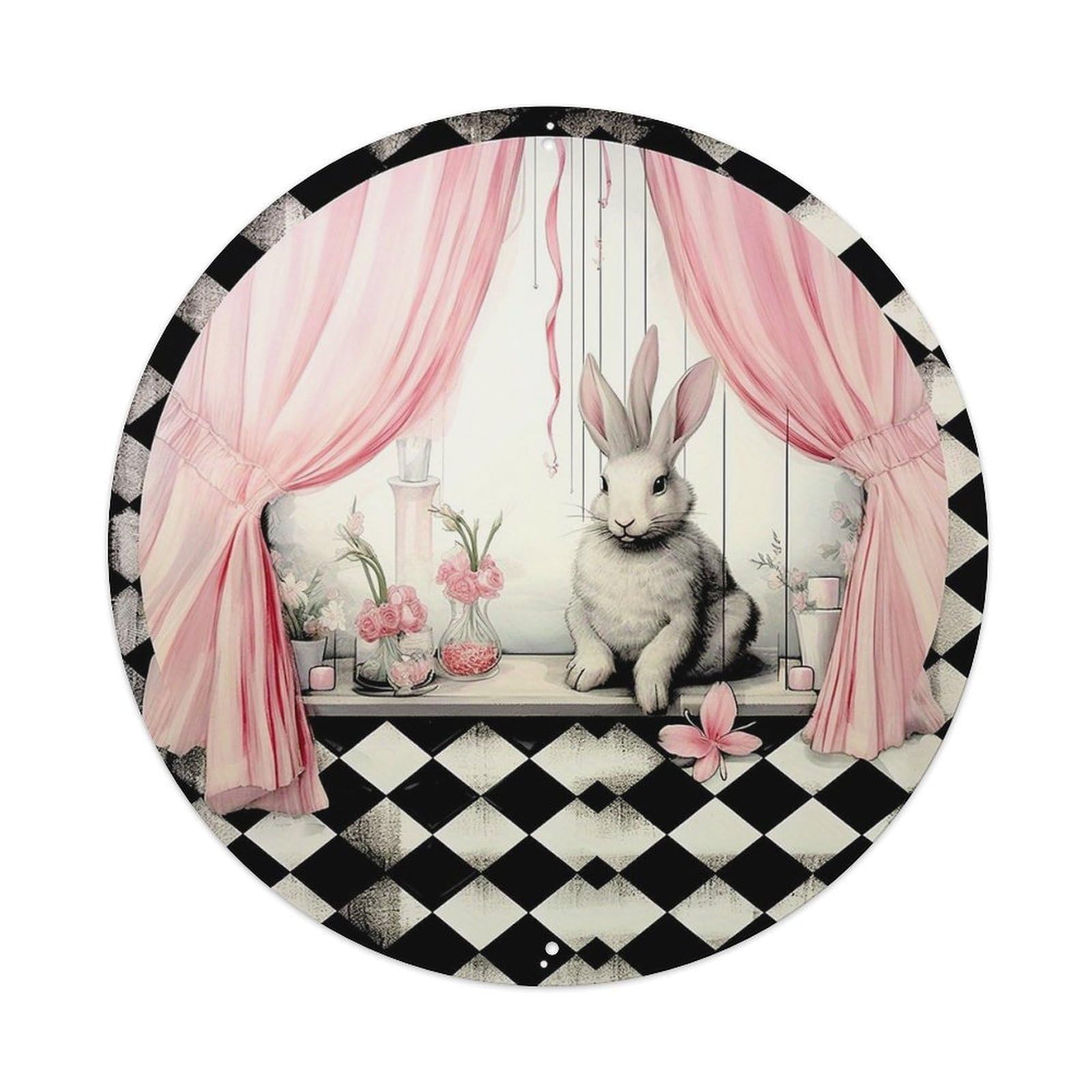 Rabbit Pink Curtains Checkered Floor Retro Metal Sign Round Tin Sign, Vintage Decor Art Poster for Bar, Home, Man Cave, Kitchen, Laundry Room Gift 8x8Inch