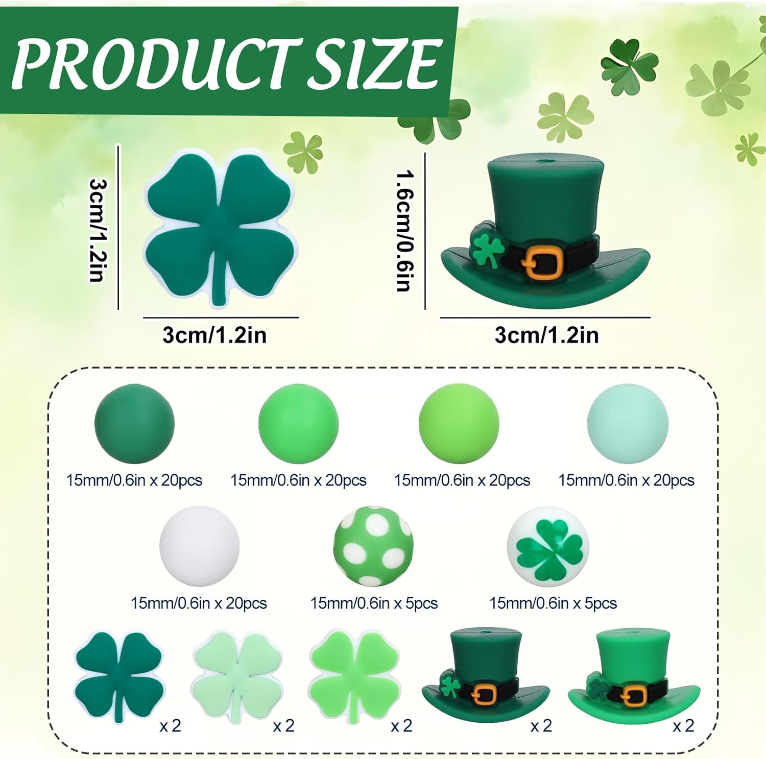 120Pcs St. Patrick's Day Silicone Beads Shamrock Clover Hat Shape Focal Beads Green White Round Loose Beads for DIY Making Bracelet Necklace Irish Holiday Decor - Image 2