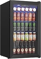 ICYGLEE 126 Can Beverage Refrigerator 3.2 Cu Ft Mini Fridge Glass Door, Adjustable Shelves for Beer Soda Wine - Home Bar Office Cooler Black
