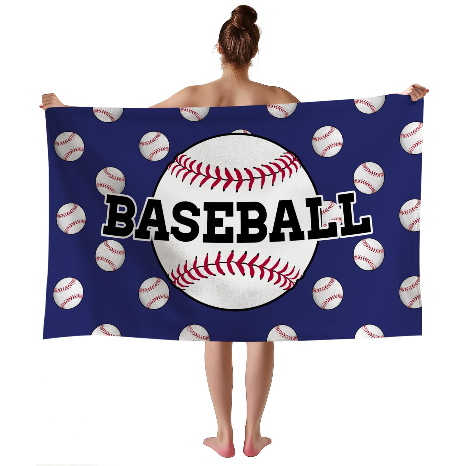 WZOMT Baseball Beach Towel for Boys, Microfiber Blue White Baseball Towel, Microfiber Sandproof Baseballs Gifts Beach Blanket, Quick Dry Oversized