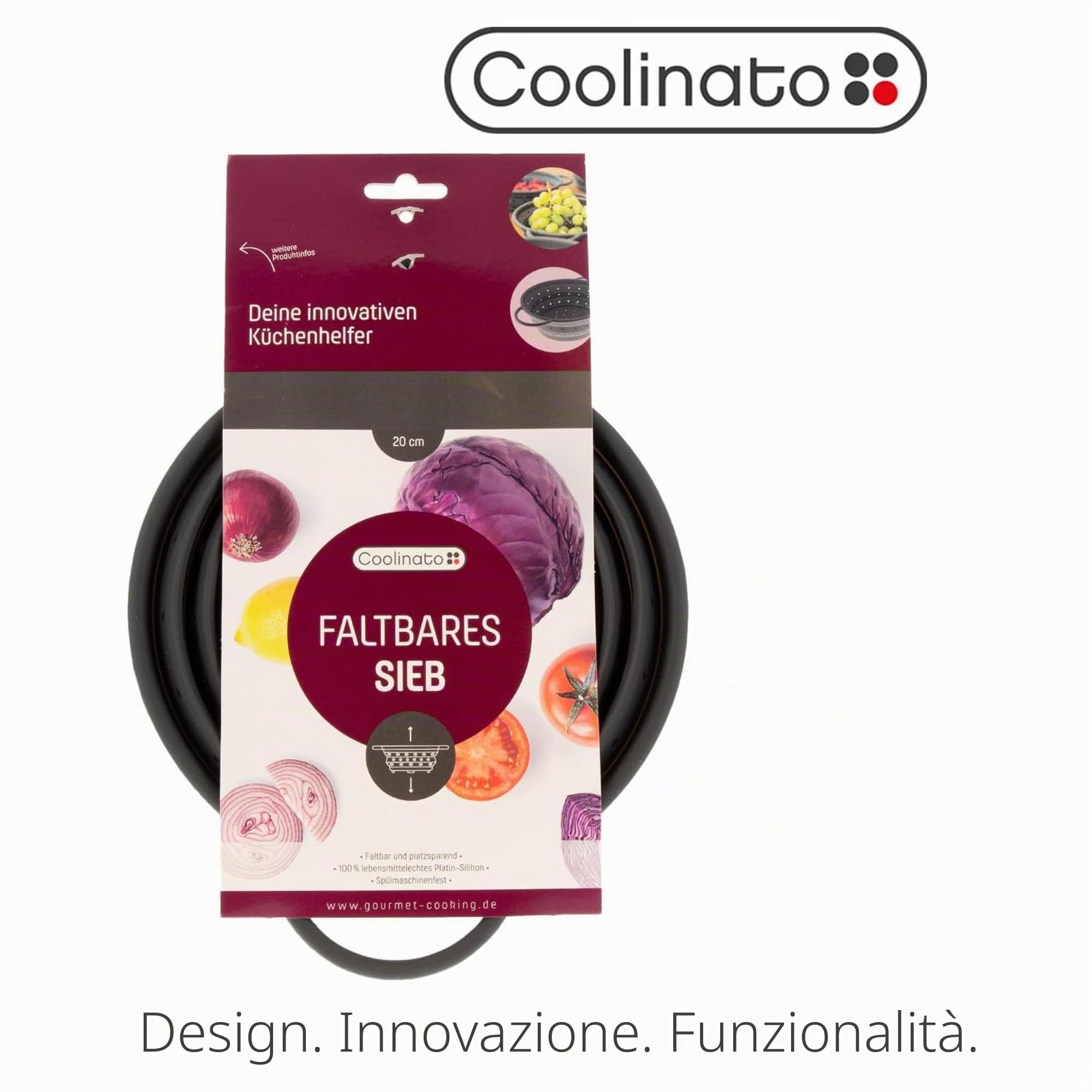 Coolinato – Scolapasta silicone pieghevole 20 cm grigio – Colino per pasta, verdura e frutta - Colapasta per lavastoviglie, senza BPA e termoresistente fino a 230°C - Setaccio salvaspazio richiudibile