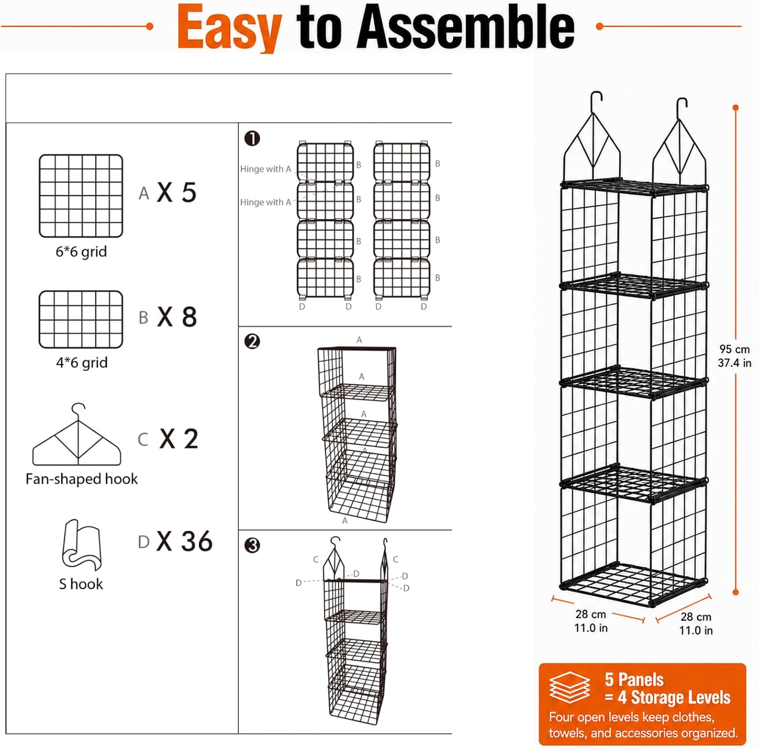4 Tier Hanging Closet Organizer, Heavy Duty Carbon Steel Wire Closet Hanging Storage Shelves, Foldable Space Saving Closet Rod Organizer for Clothes, Towels, Handbags, Sweaters