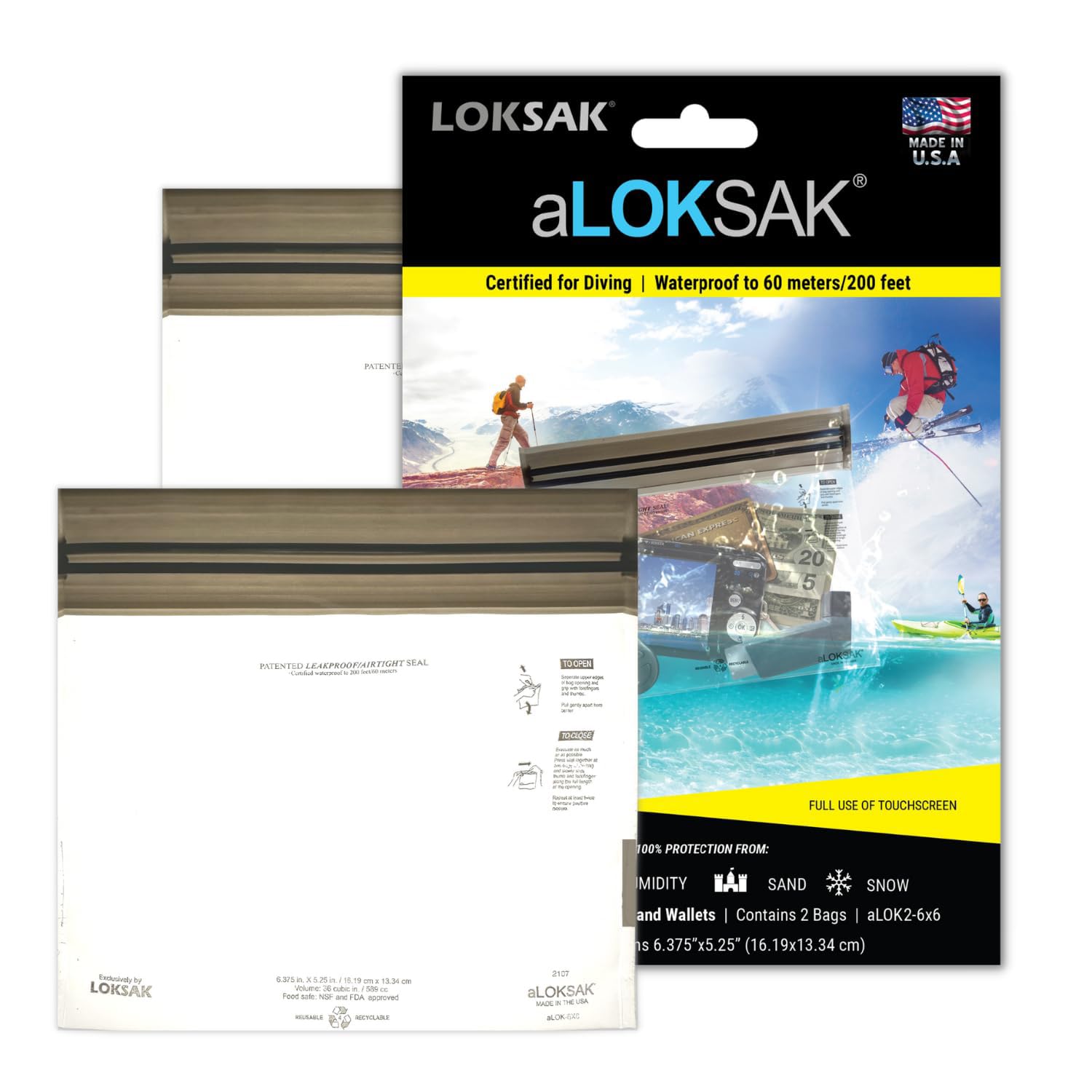 LOKSAK - aLOKSAK Waterproof Cellphone Dry Bags - Airtight Underwater Phone Pouch - Touch Screen Compatible (2 Pack - 6 Inch x 6 Inch)