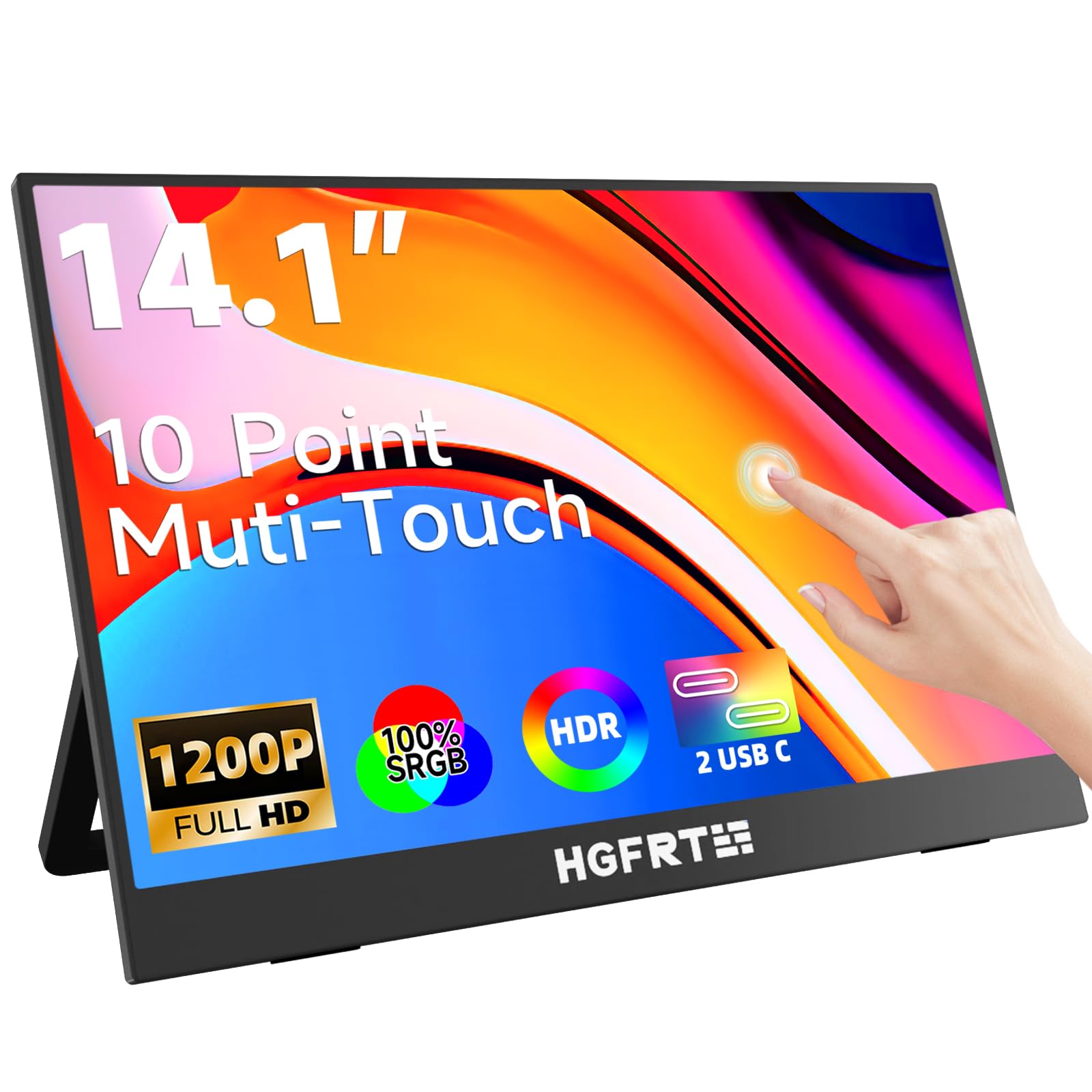 HGFRTEE Monitor Portatile Touch Screen 14 Pollici, 1920 x 1200 Schermo Portatile, IPS, sRGB 100%, USB C e Mini HDMI, VESA, supporto pieghevole, Altoparlanti Doppi per Laptop/PC/Cellulare