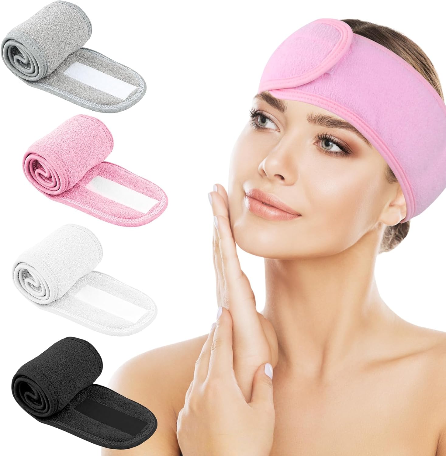 4 Pack Spa Face Headband for Women Makeup Hair Band with Adjustable Velcro, Microfiber Headband with Adhesive Tape for Washing Face, Sports, Yoga, Skin Care (Black, White
