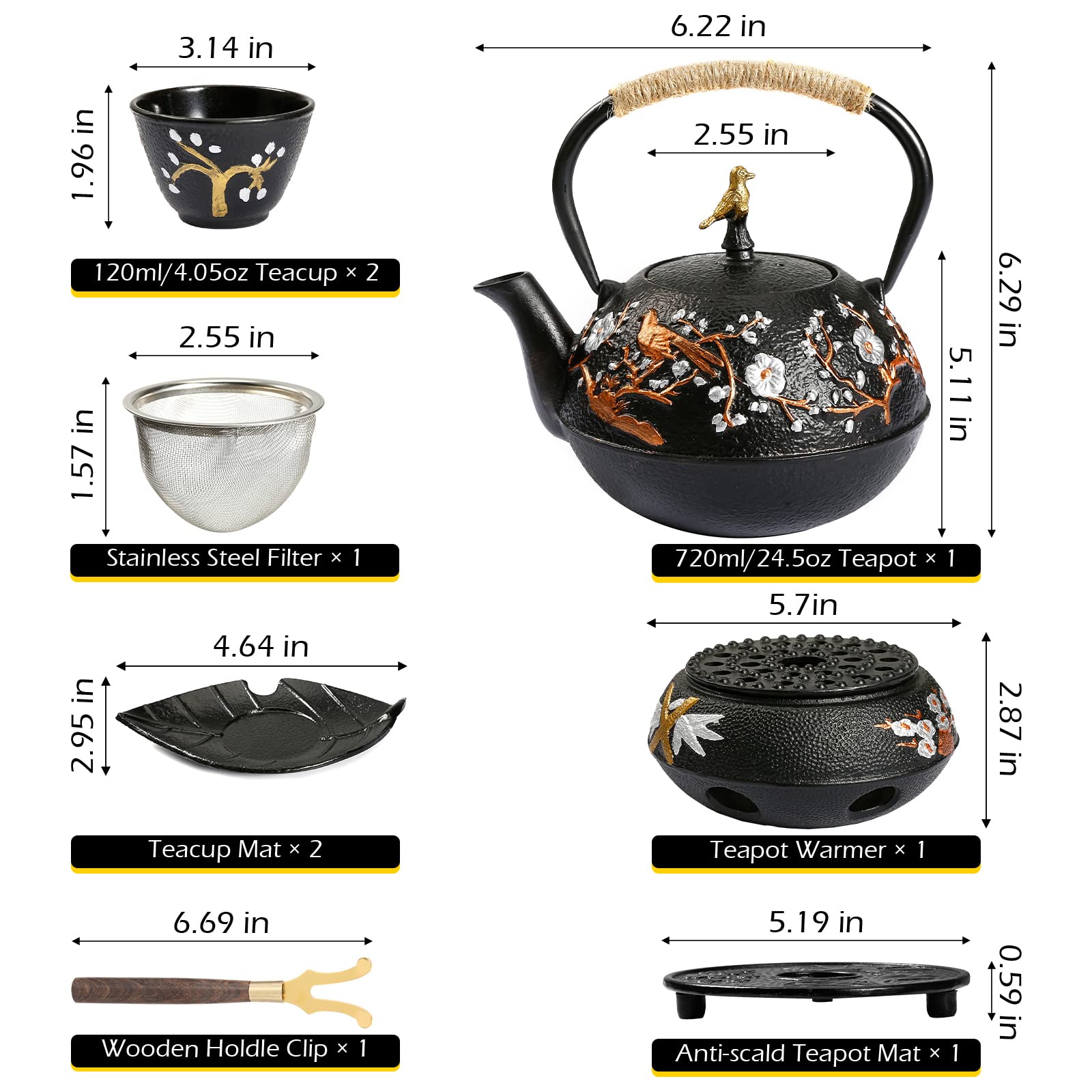 Zestaw japońskich żeliwnych czajników Dyna-Living z podgrzewaczem i 2 filiżankami do herbaty, 720 ml/24,5 uncji, z żeliwnymi czajnikami i zaparzaczem do kuchenki opalanej drewnem lub na płycie kuche