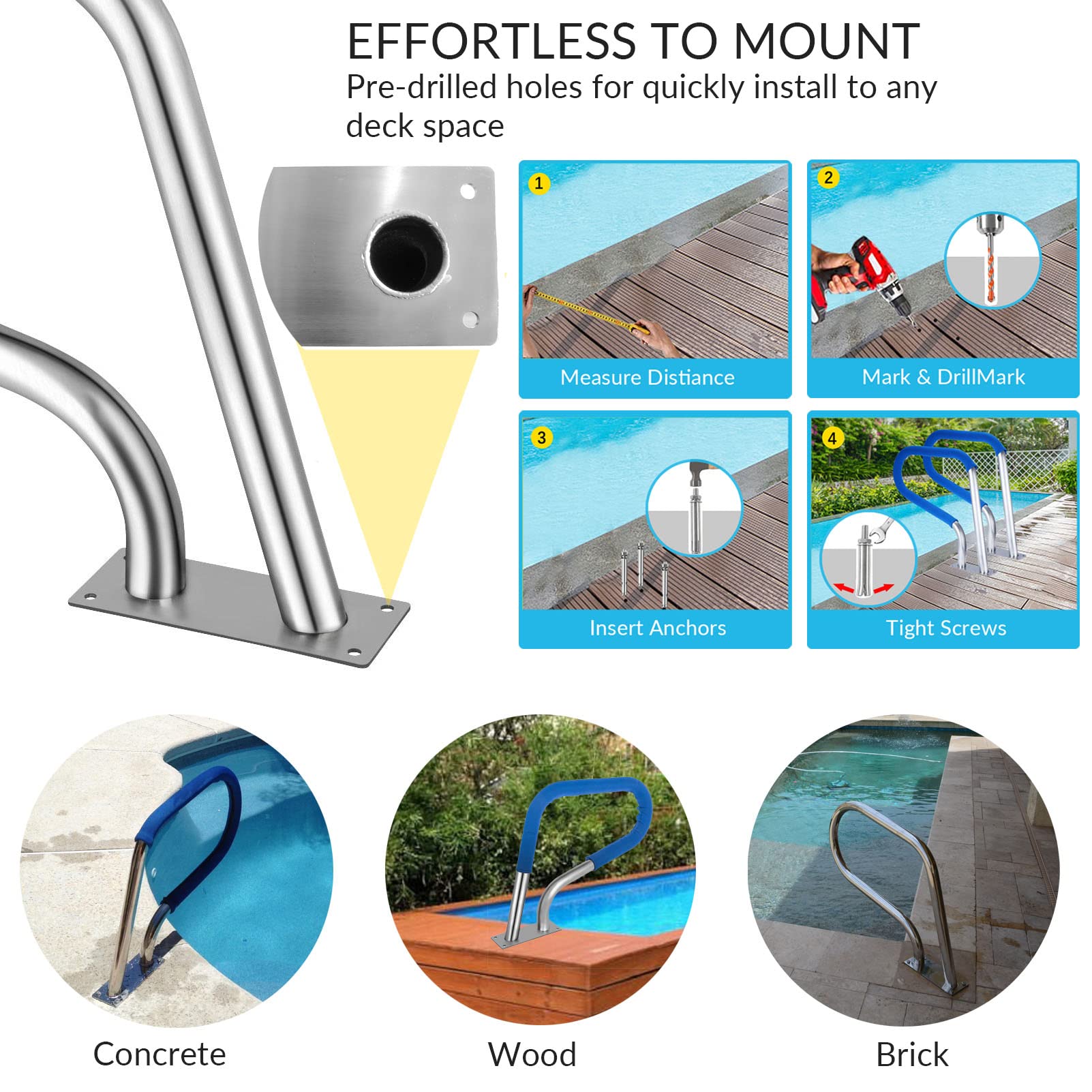 Rampes de Piscine en Acier Inoxydable 304, rampes d'escalier pour Spa avec Base à Montage Rapide, rampes de sécurité pour piscines de Jardin et d'arrière-Cour