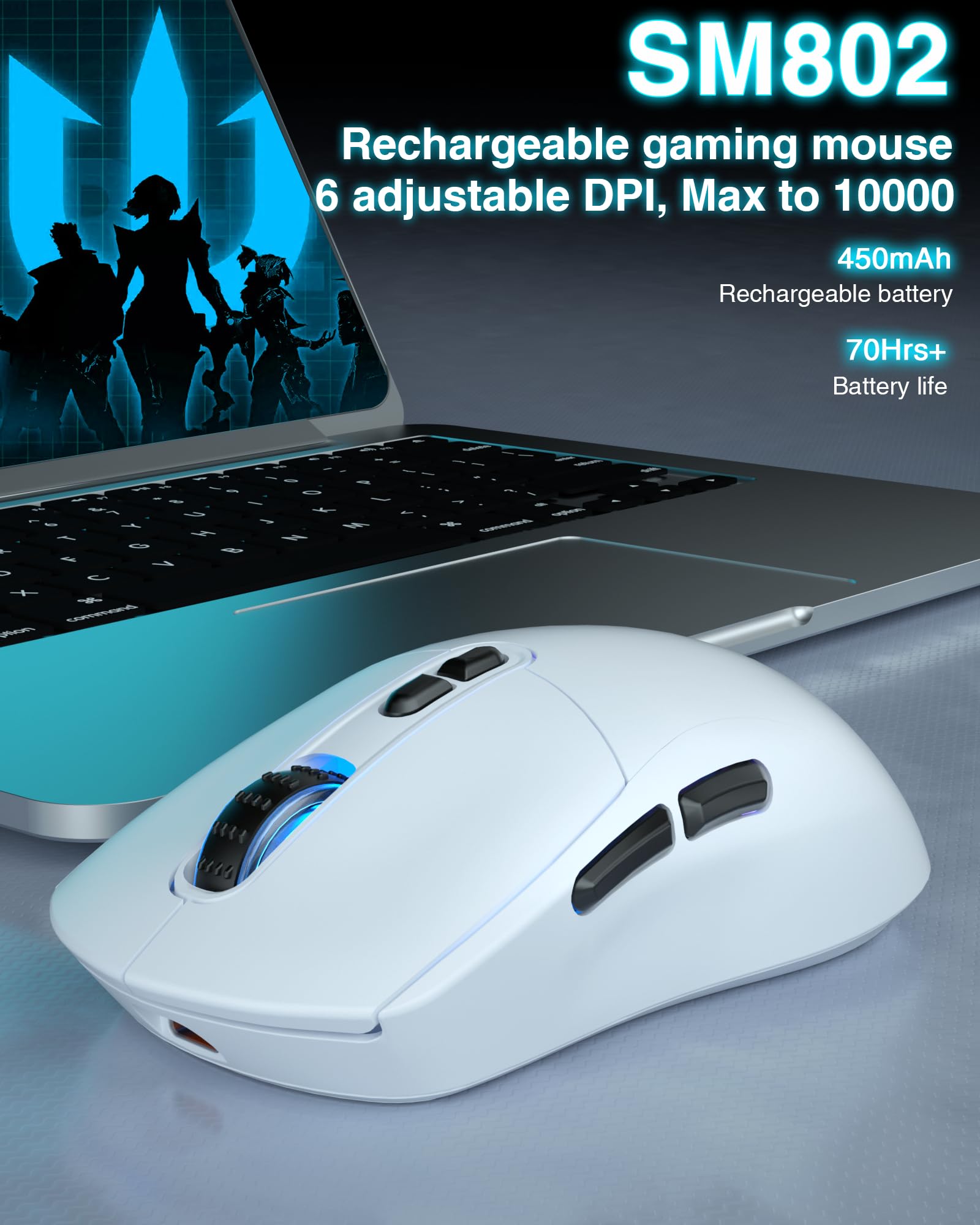 SOLAKAKA SM802 - Ratón inalámbrico blanco para juegos, 10000 DPI, Tri-Mode Wired/BT 5.0/2.4GHz Ratón inalámbrico para juegos con botón lateral, mouse macro programable RGB para laptop