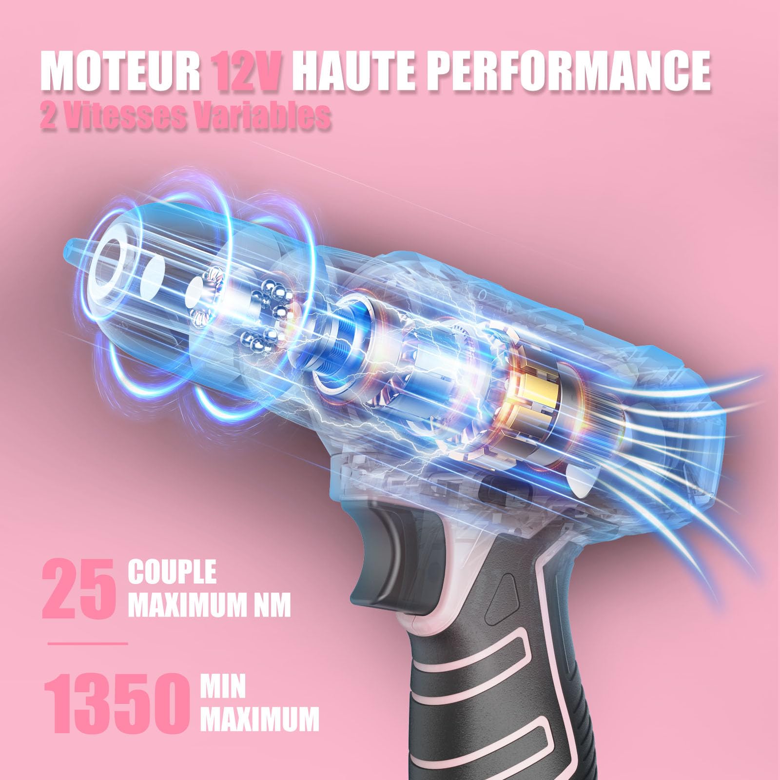 Perceuse à Percussion Sans fil 12V - Sundpey Malette Outils 206 Pièces, avec Jeu de Tournevis et Pinces, Caisse a Outil Complete avec Perceuse pour Jardin, Bureau, Réparation à Domicile Rose