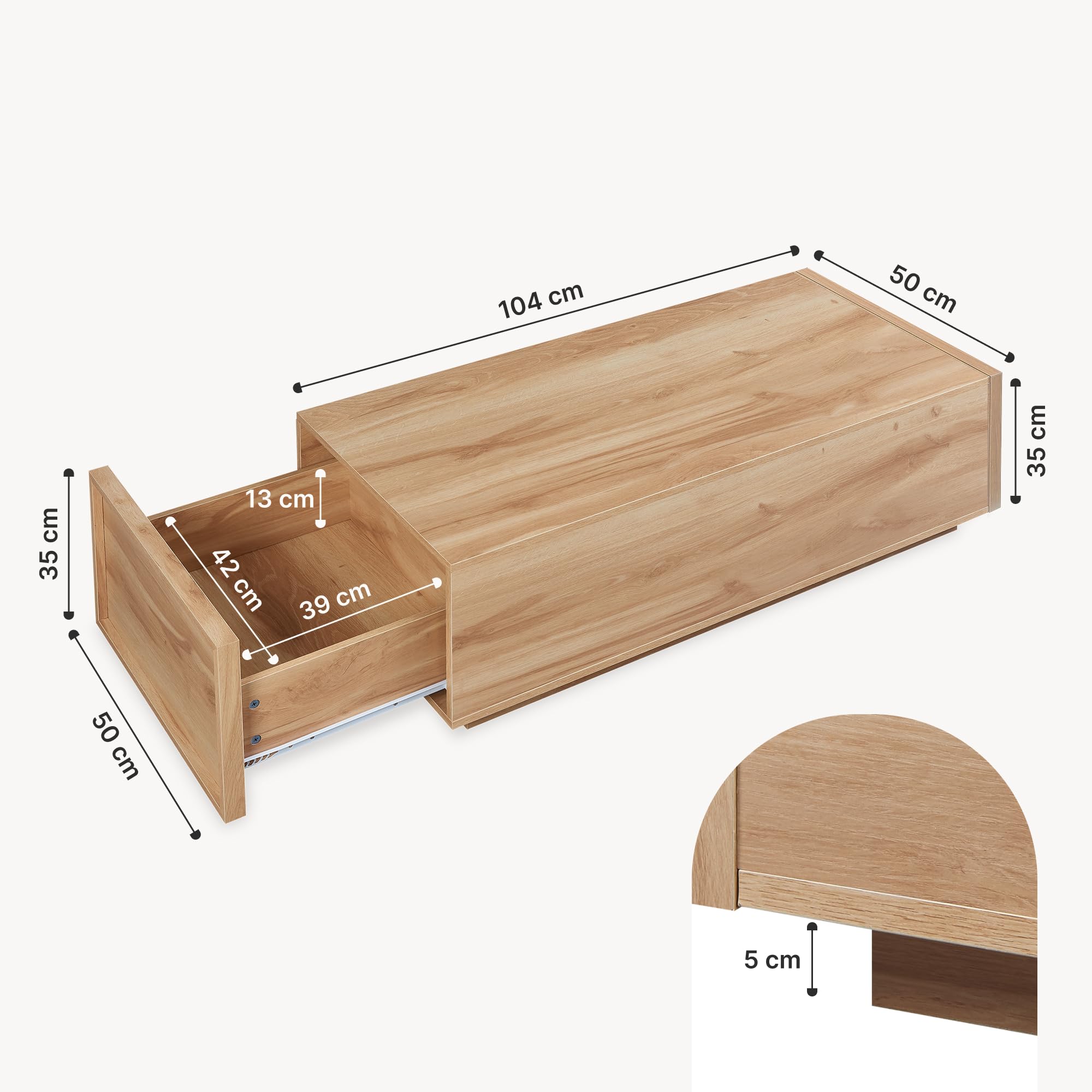 [en.casa] Table Basse Style Intemporel avec Plateau Rectangulaire et 2 Tiroirs Rangement Pratique Excellente Stabilité pour Salon Chambre Bureau MDF 104 x 50 x 40 cm Effet Chêne