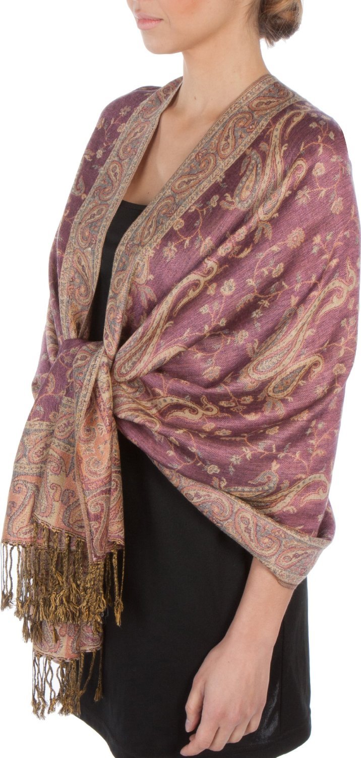 Sakkas Women's Mauve / Gold Soft Silky Double Layer Jacquard Paisley Pashmina Shawl/Wrap/Scarf - Mauve/Gold